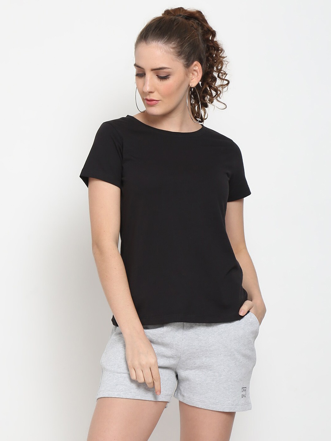 

UnaOne Women Black & Grey Pure Cotton T-shirt with Shorts