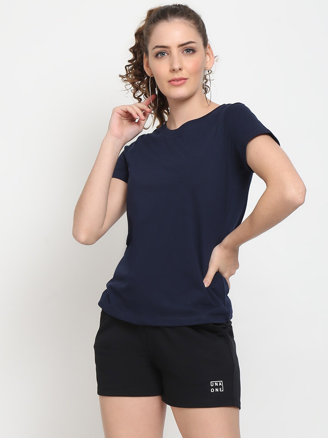 

UnaOne Women Navy Blue & Black Plus Size Pure Cotton T-shirt with Shorts