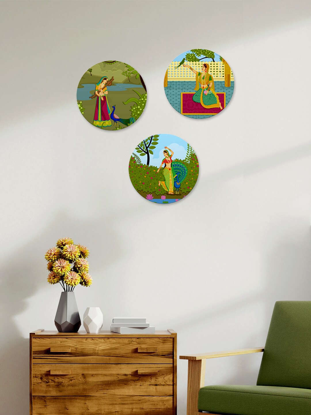 

WALLMANTRA Set Of 3 Multi-Colored Madhubani Round Shape Painting Wall Art