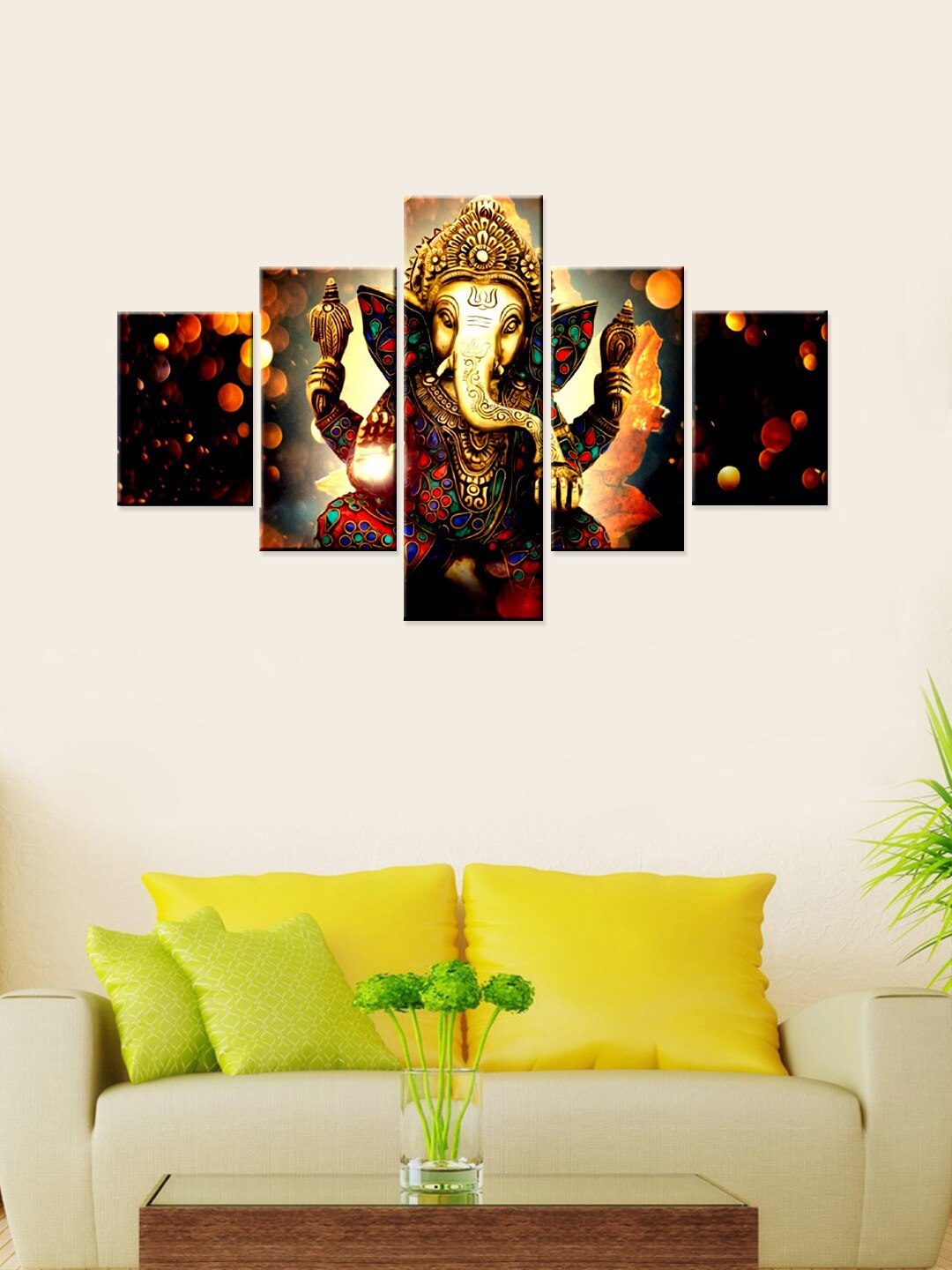 

WALLMANTRA Gold & Grey Set of 5 Lord Ganesha Canvas Wall Painting