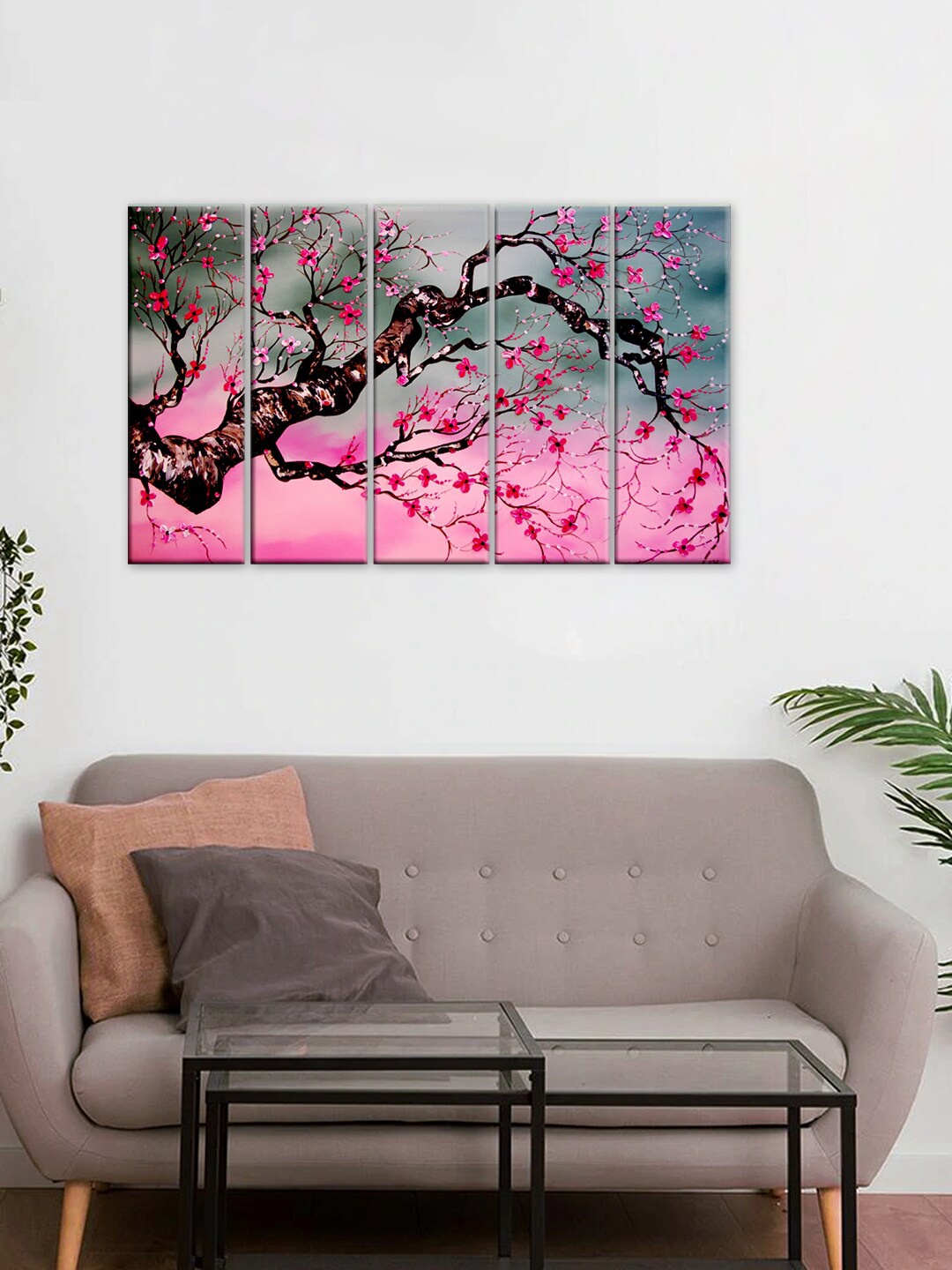 

WALLMANTRA Set Of 5 Cherry Blossom Tree Wall Painting Wall Art, Pink