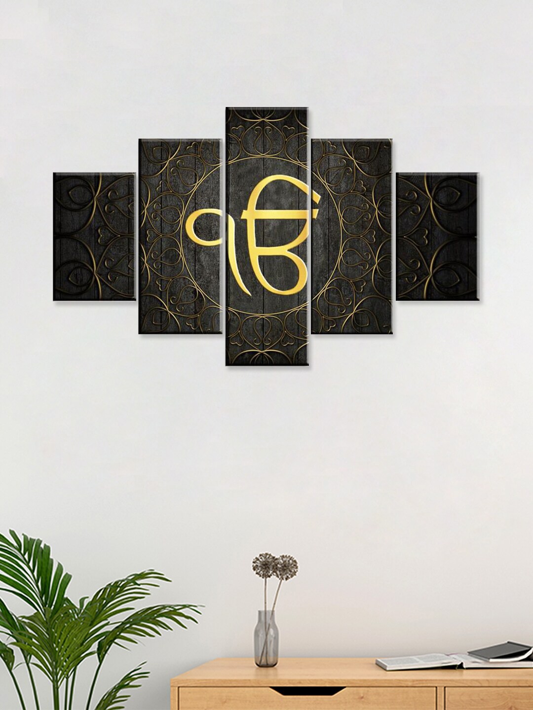 

WALLMANTRA Set of 5 Ek Onkar Canvas Wall Paintings, Black