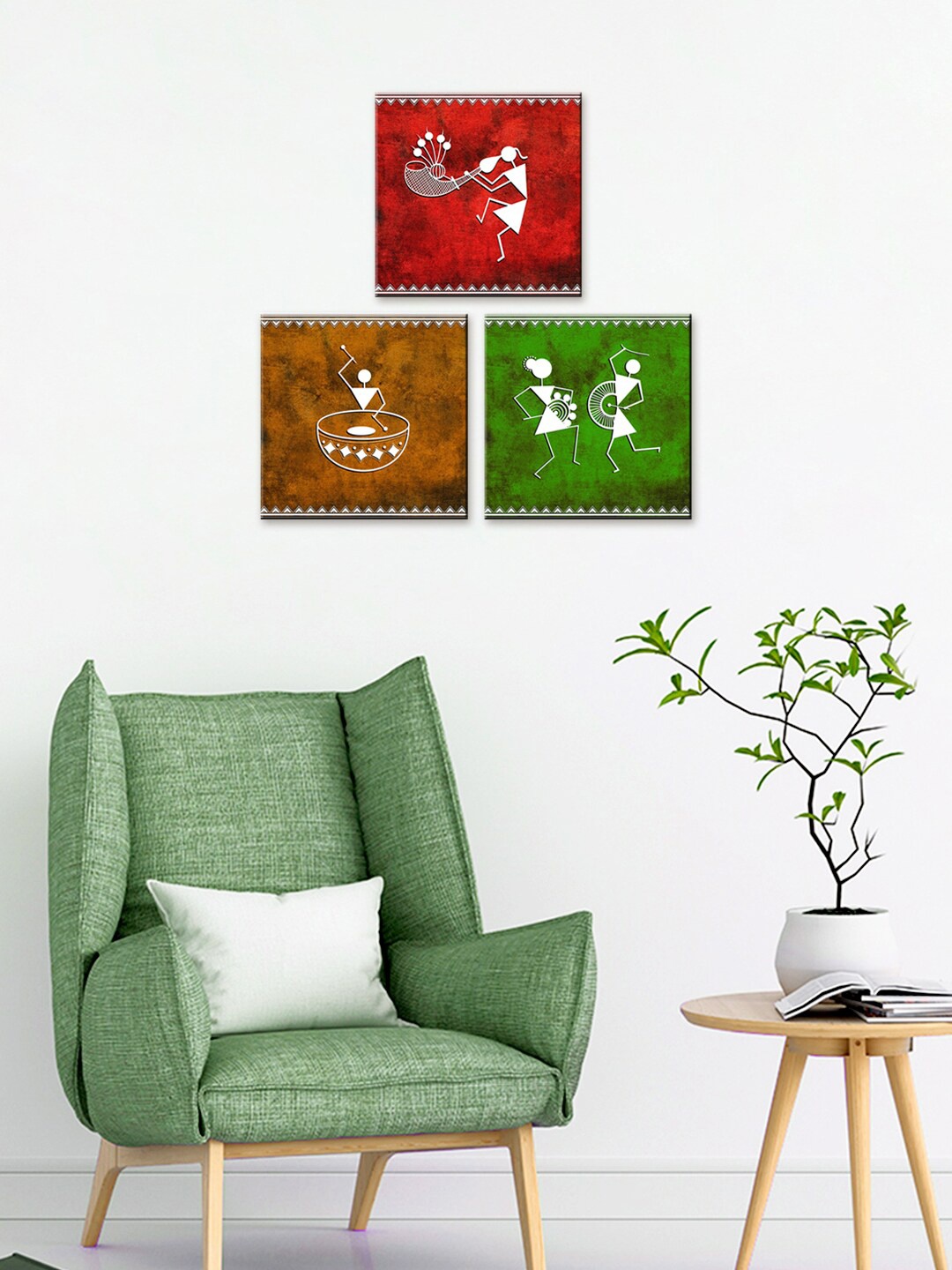 

WALLMANTRA Set of 3 Warli Folk Art Painting Wall Art, Red