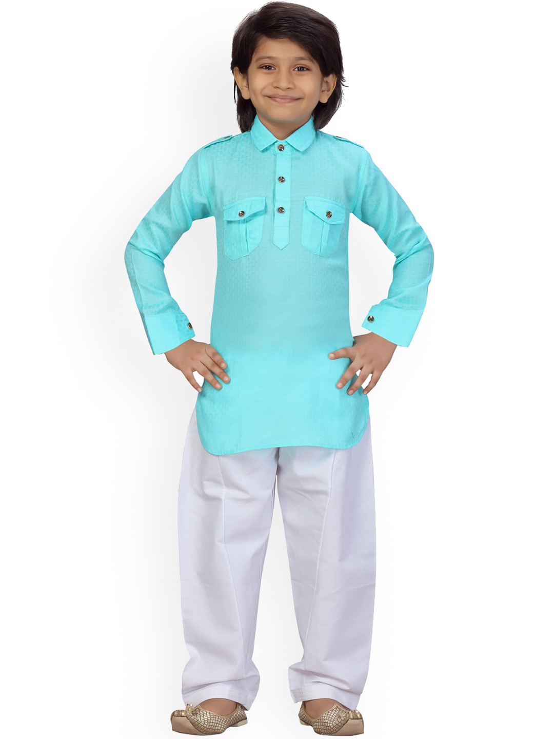 

LITTLE MAFIA BY Aarika Boys Turquoise Blue Pure Cotton Kurta with Salwar