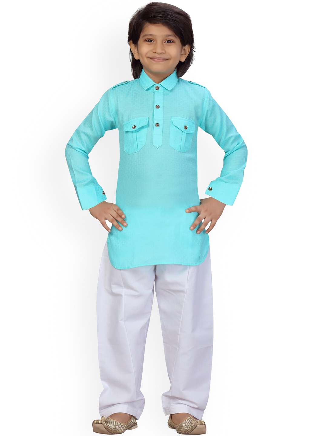 

LITTLE MAFIA BY Aarika Boys Turquoise Blue Pure Cotton Kurta with Salwar