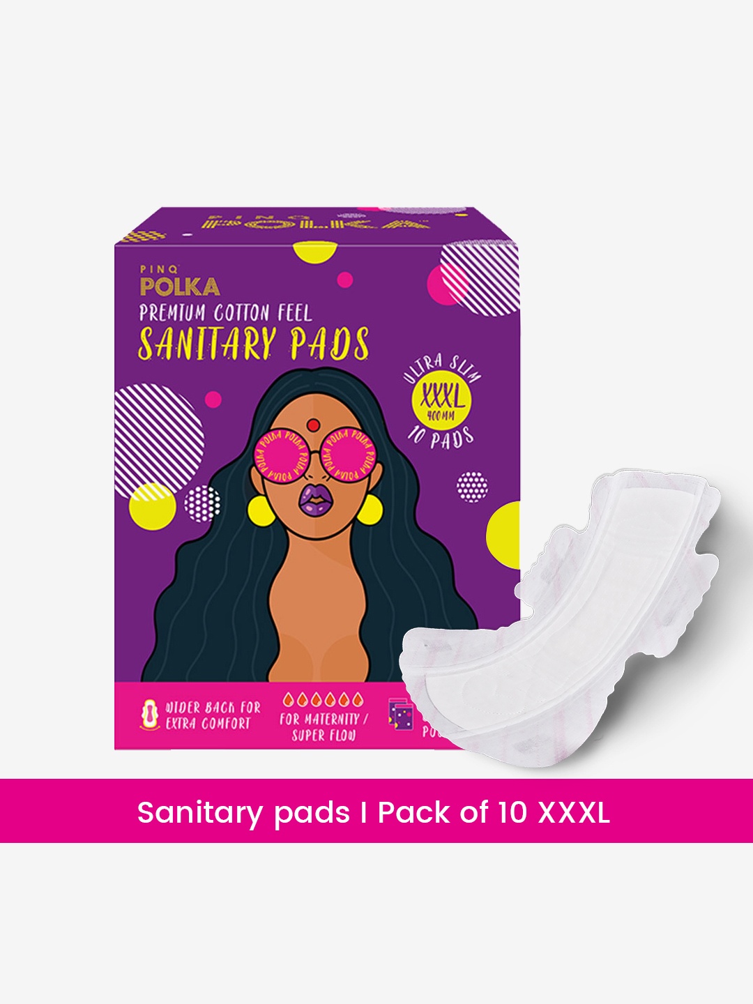 

PINQ Polka Premium Organic Soft Cotton Feel Rash free Ultra Thin XXXL Sanitary Pads-10 Pcs, Purple