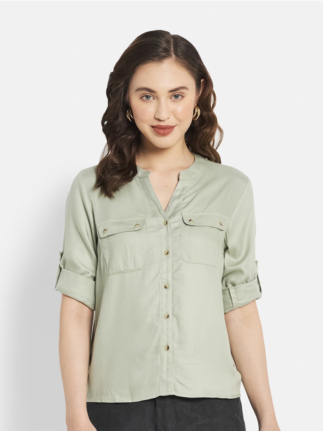 

METTLE Women Green Solid Casual Shirt