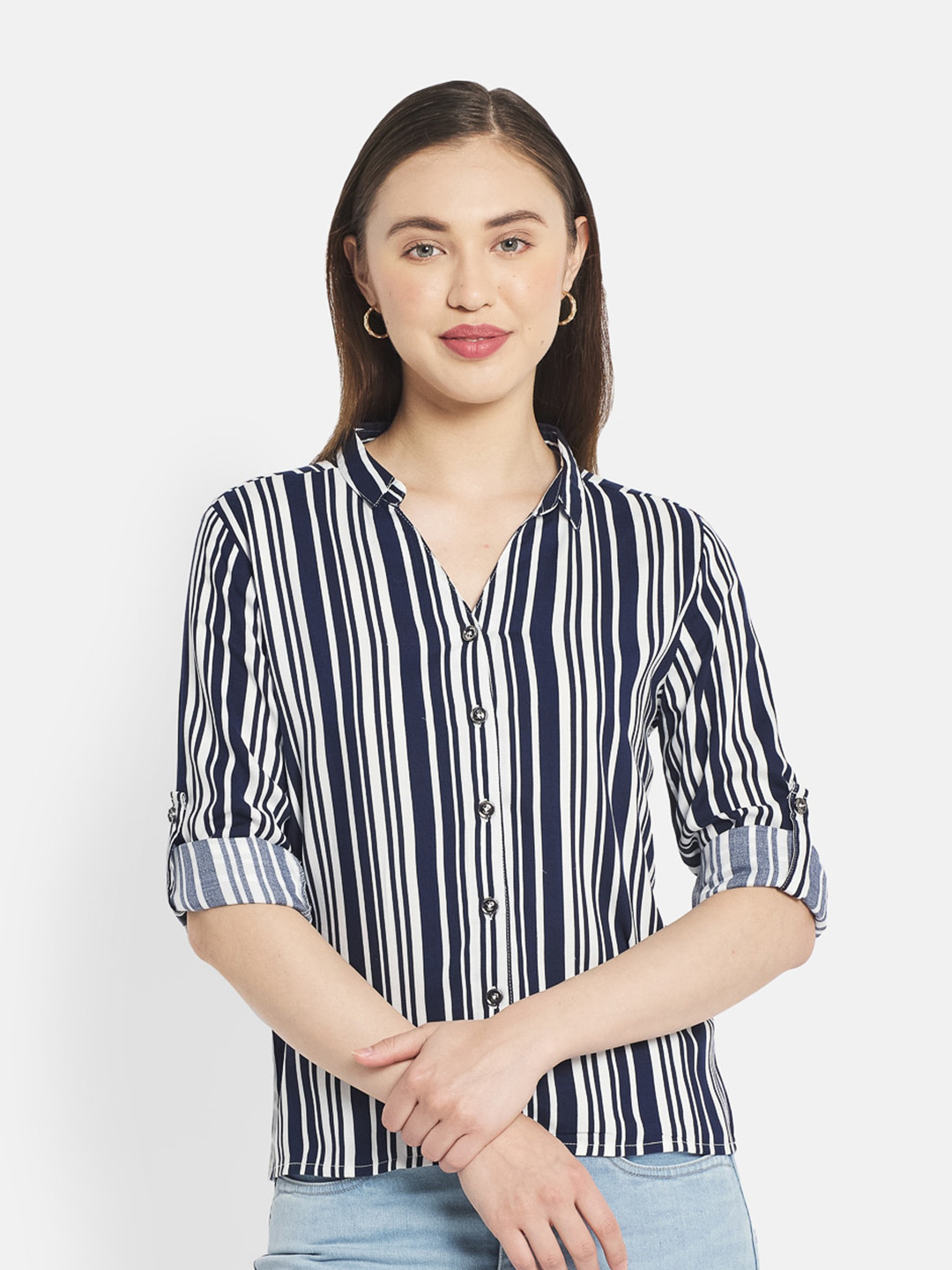 

METTLE Women Navy Blue Striped Regular Cotton Casual Shirt