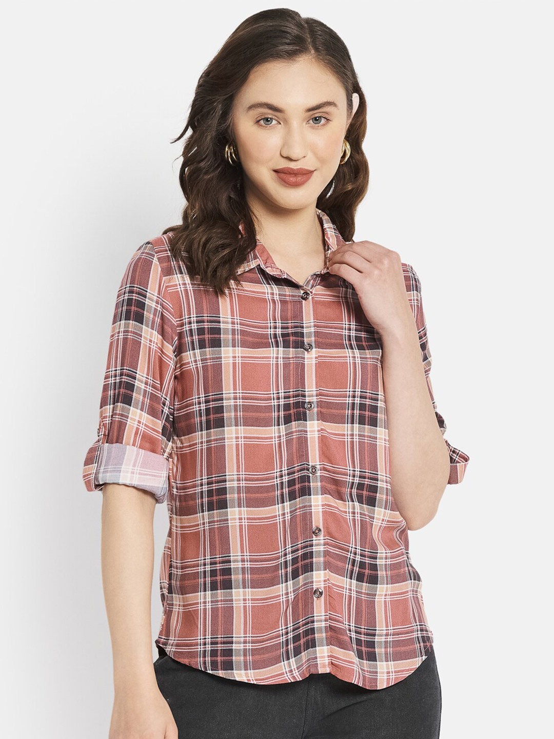 

METTLE Women Coral Tartan Checks Checked Casual Shirt