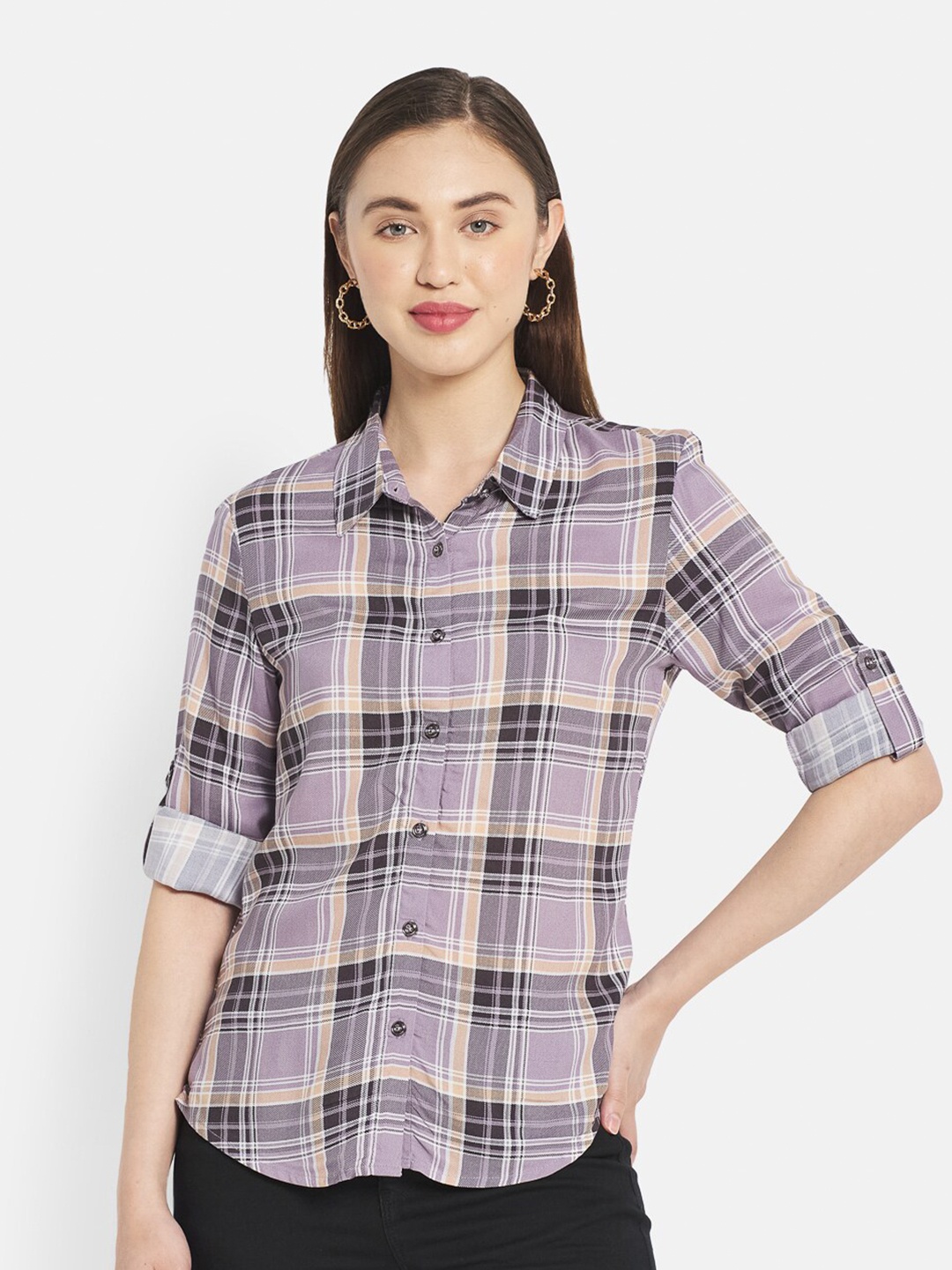 

METTLE Women Purple & Brown Tartan Checked Casual Shirt