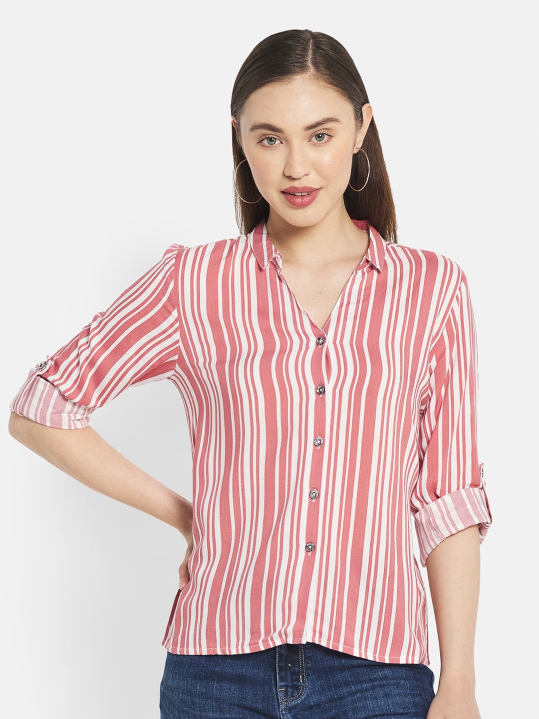METTLE Women Coral Striped Casual Shirt
