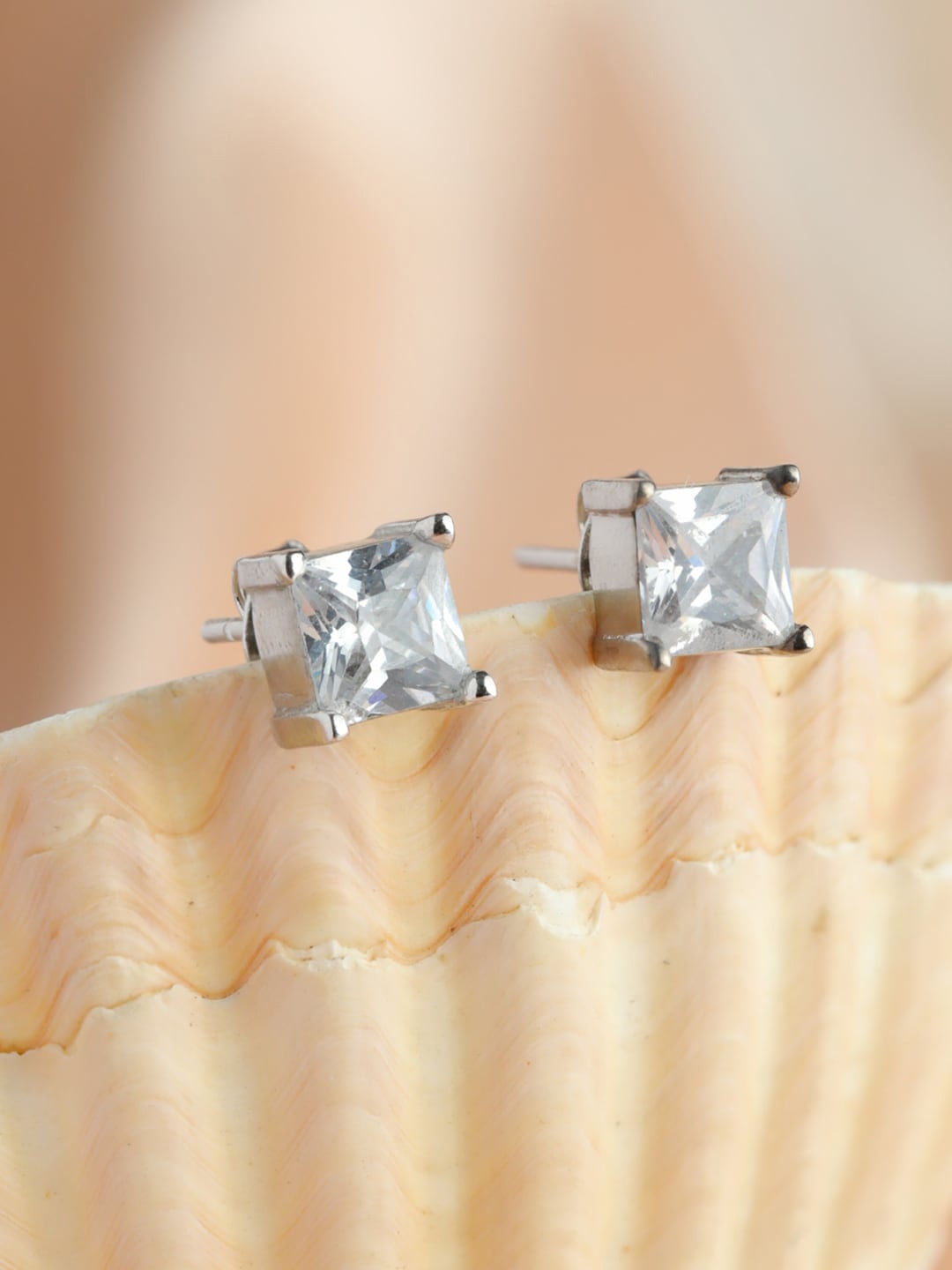 

SHEER by Priyaasi Silver-Toned 92.5 Sterling Silver Square Solitaire Studs Earrings