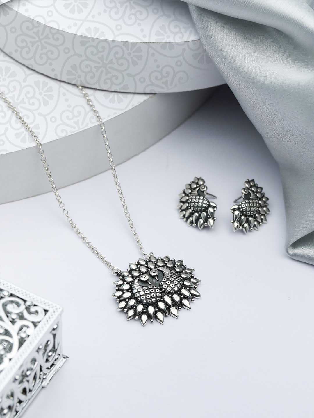 

SHEER by Priyaasi 92.5 Sterling Silver Oxidised Silver-Plated Peacock Jewellery Set