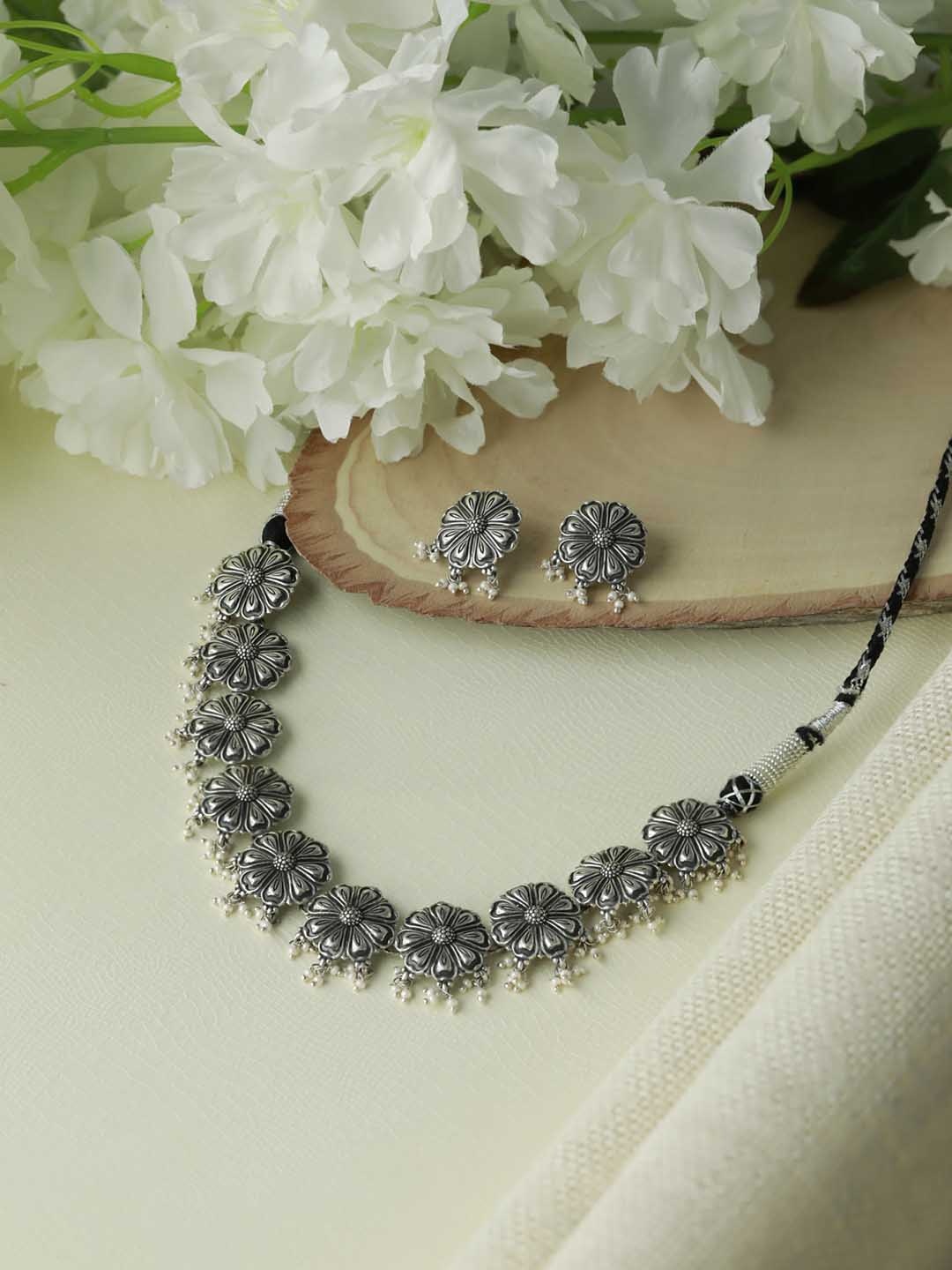 

SHEER by Priyaasi Silver-Plated 92.5 Sterling Silver Pearl Beaded Oxidised Jewellery Set