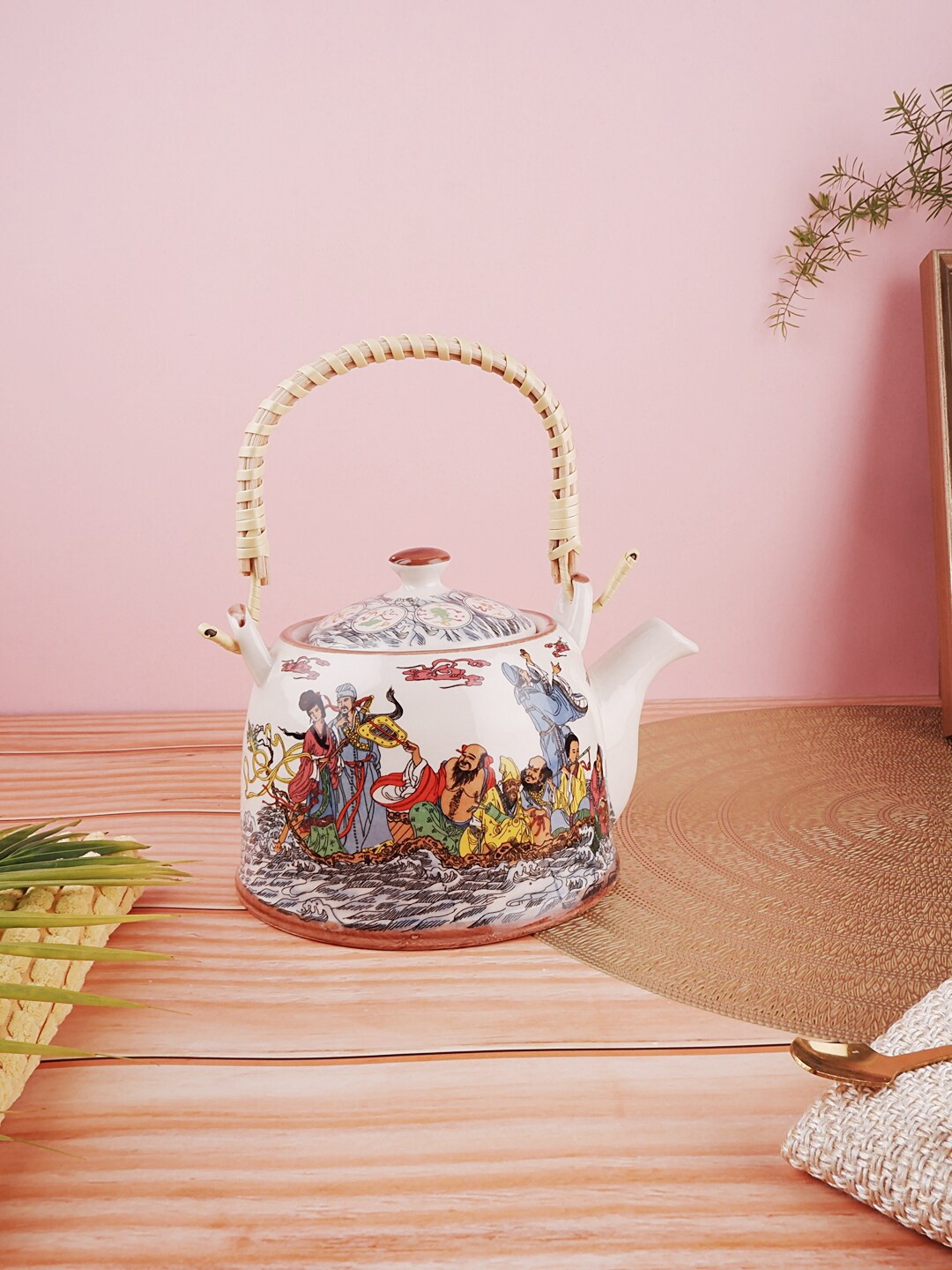 

THE WHITE INK DECOR White & Yellow Printed Ceramic Glossy Kettle