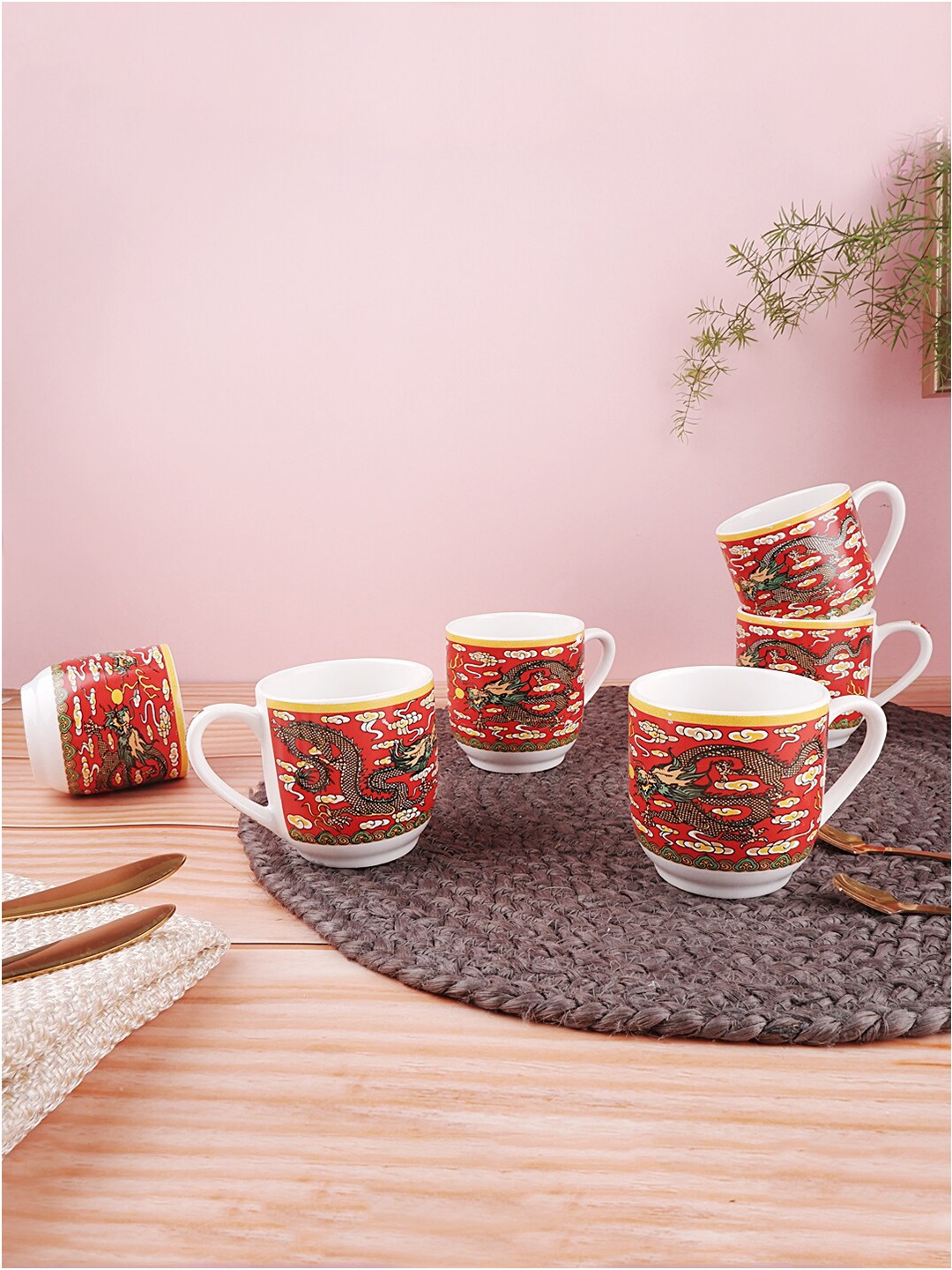 

THE WHITE INK DECOR Set Of 6 Red & Yellow Ethnic Motifs Printed Ceramic Matte Cups Set