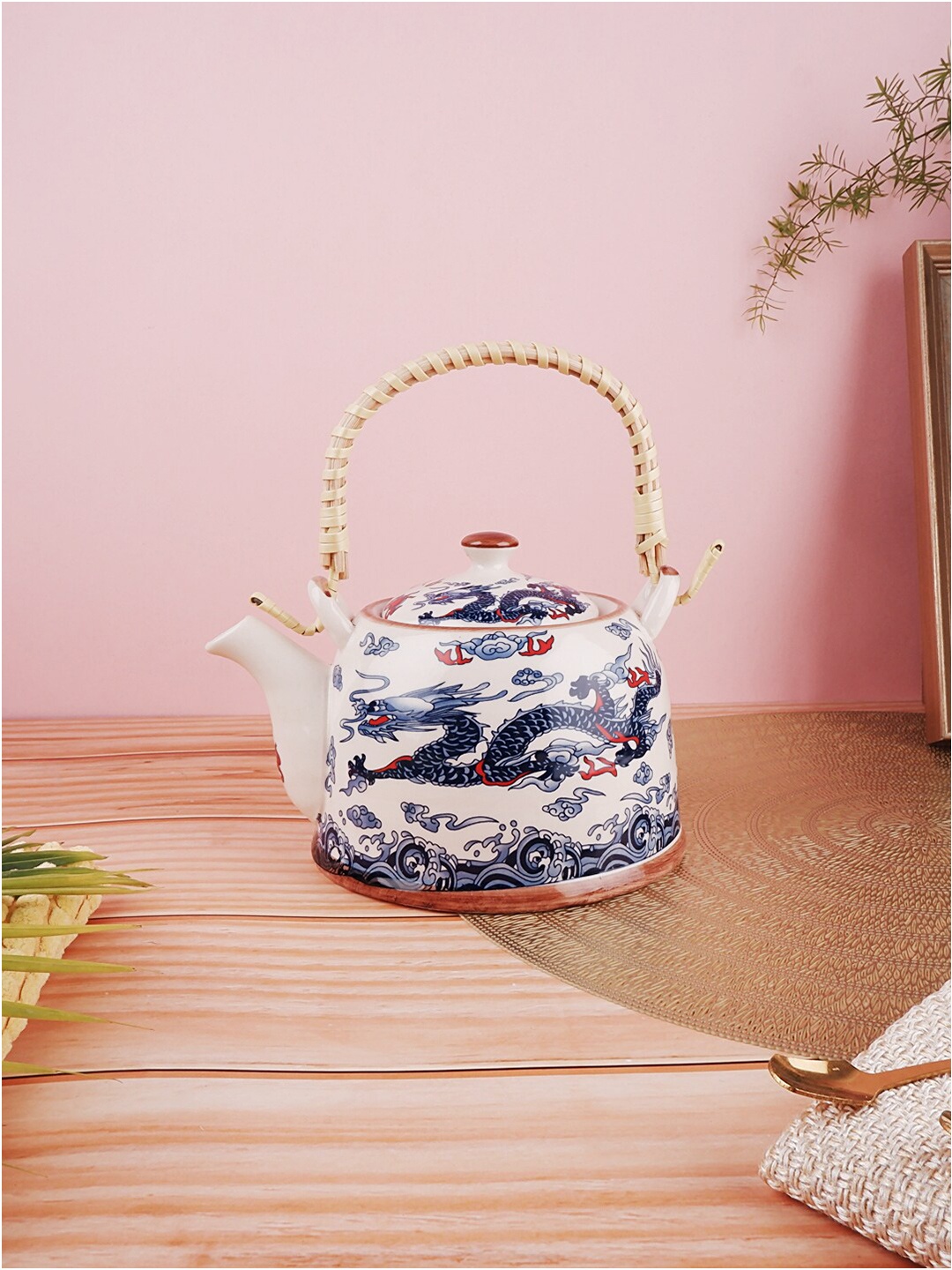 

THE WHITE INK DECOR Blue & White Ethnic Motifs Printed Ceramic Glossy Kettle