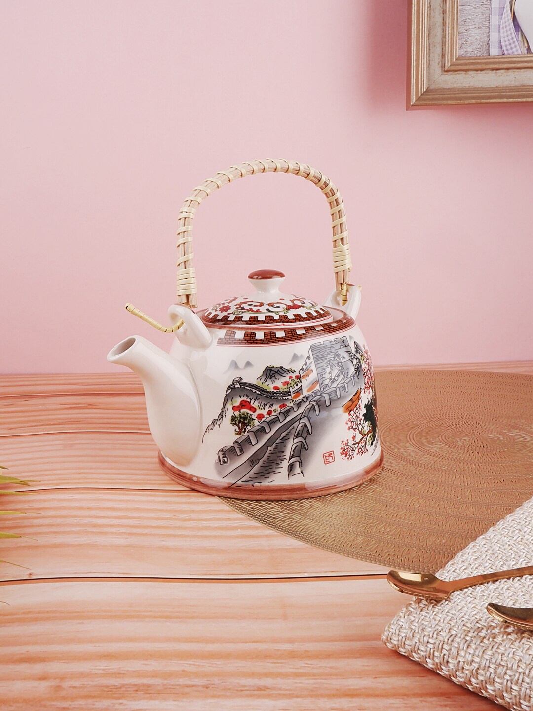 

THE WHITE INK DECOR White & Grey Ethnic Motifs Printed Ceramic Glossy Kettle