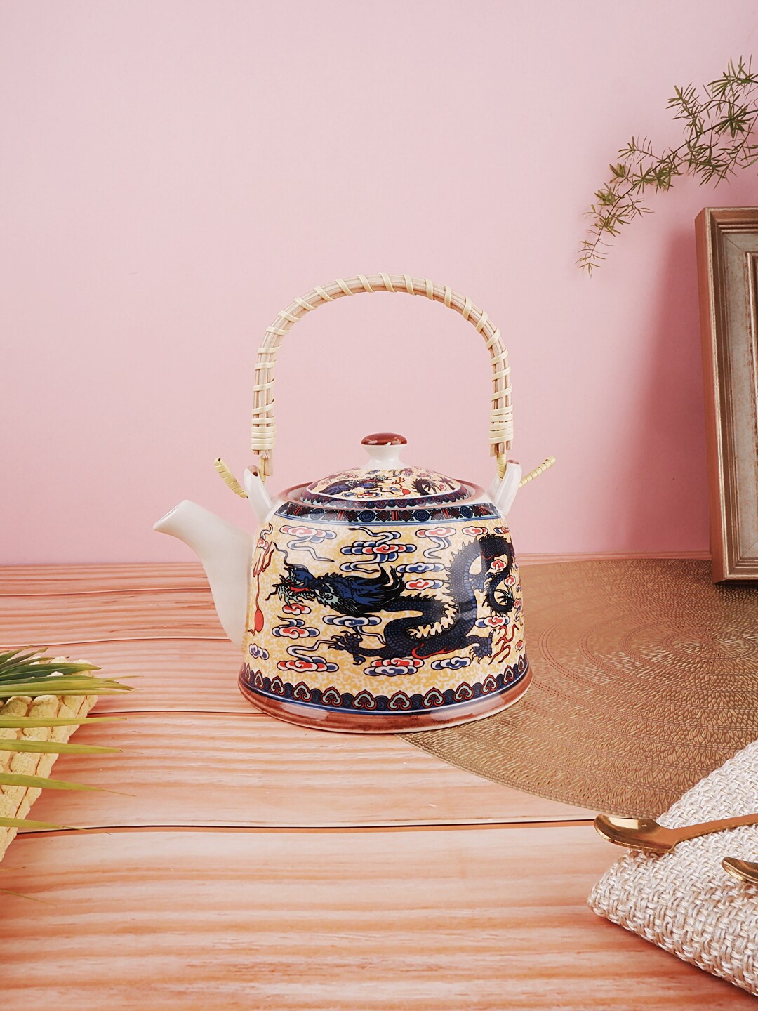 

THE WHITE INK DECOR Beige & Blue Printed Ceramic Glossy Kettle