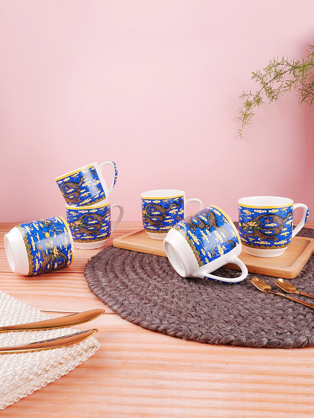 

THE WHITE INK DECOR Blue & Yellow Set Of 6 Printed Ceramic Glossy Cups