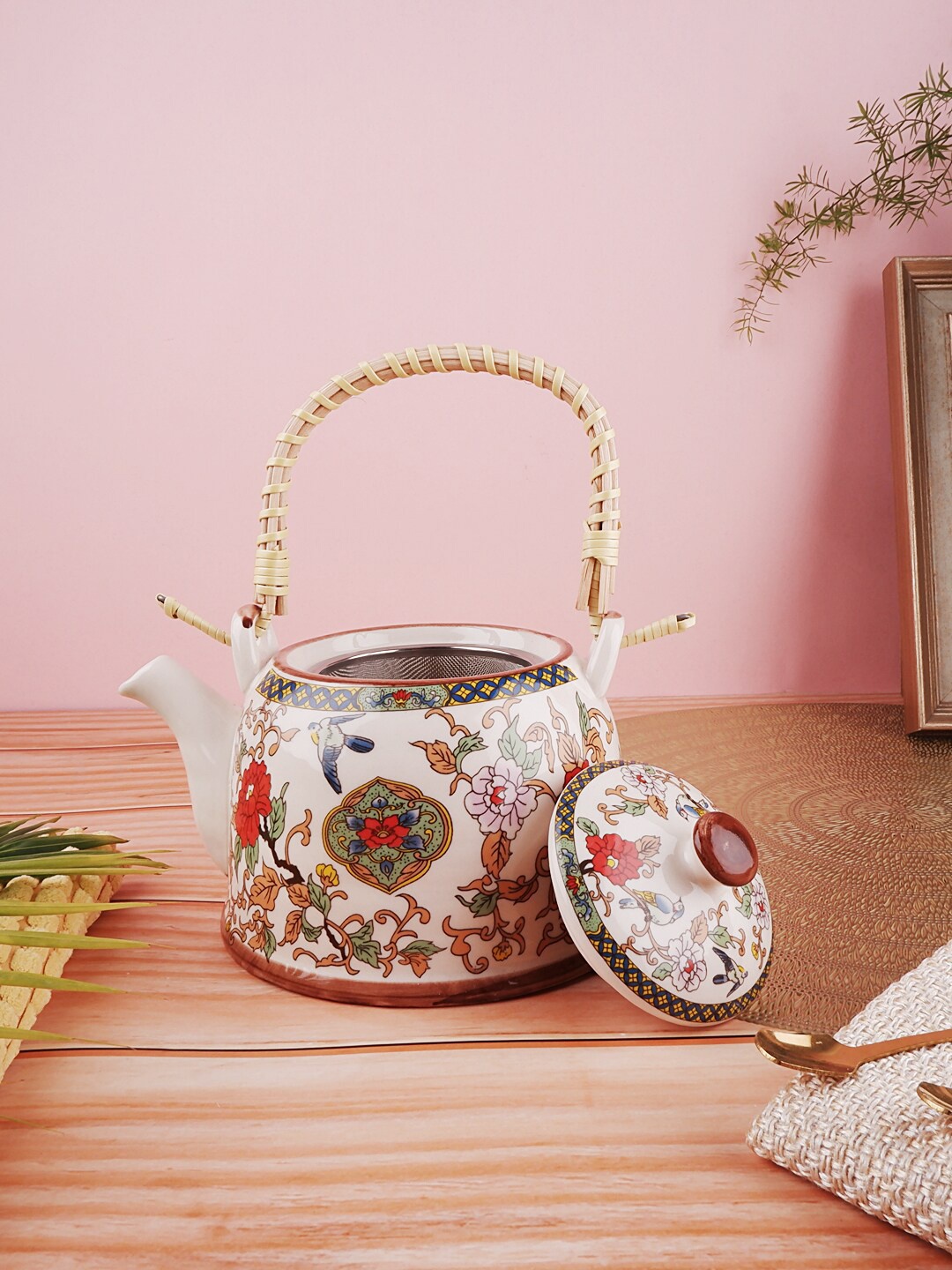 

THE WHITE INK DECOR White & Green Ethnic Motifs Printed Ceramic Glossy Infuser Kettle