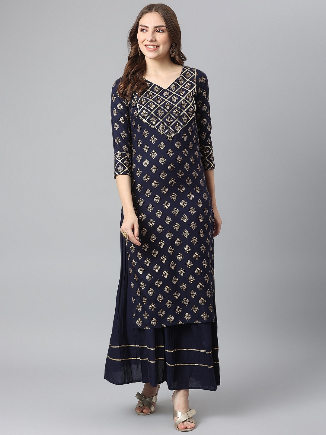 

KALINI Women Navy Blue Ethnic Motifs Printed Gotta Patti Kurta with Skirt