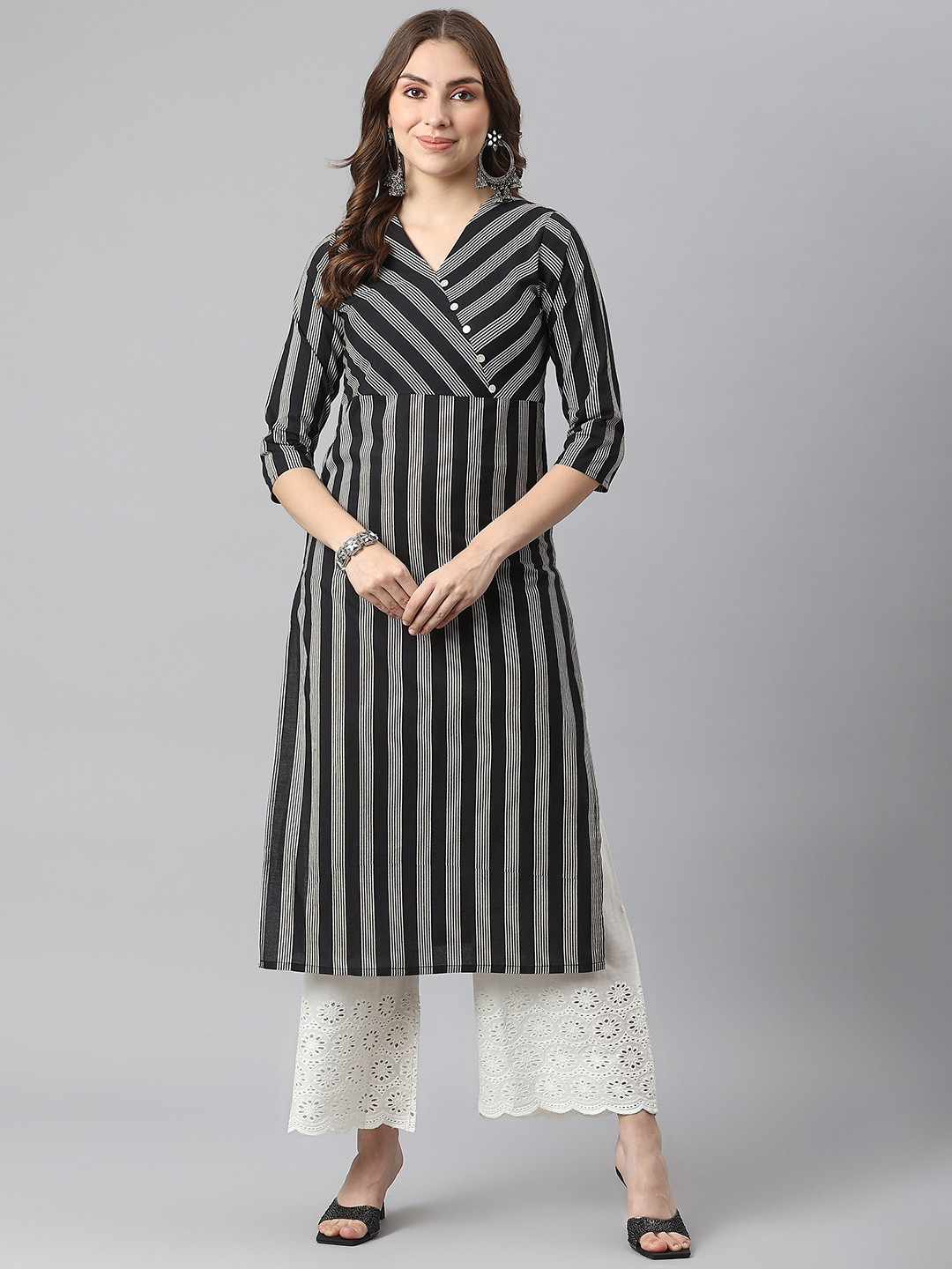 

KALINI Women Black Striped Pure Cotton Kurta with Palazzos