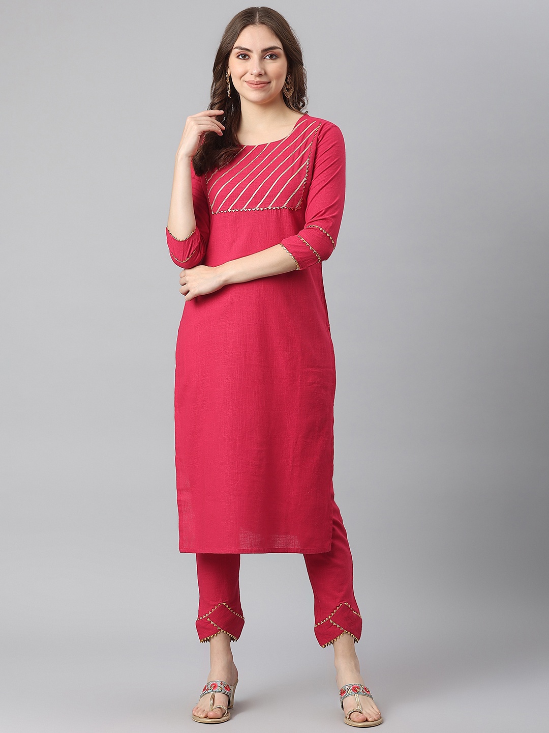 

KALINI Women RED Yoke Design Gotta Patti Pure Cotton Kurta with Trousers