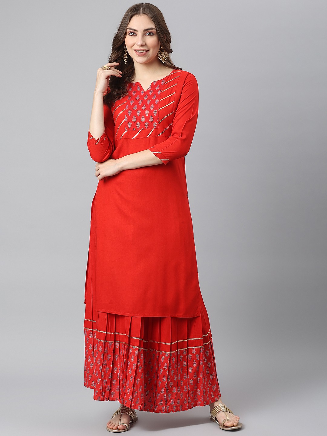 

KALINI Women Red Floral Yoke Design Gotta Patti Kurta with Skirt