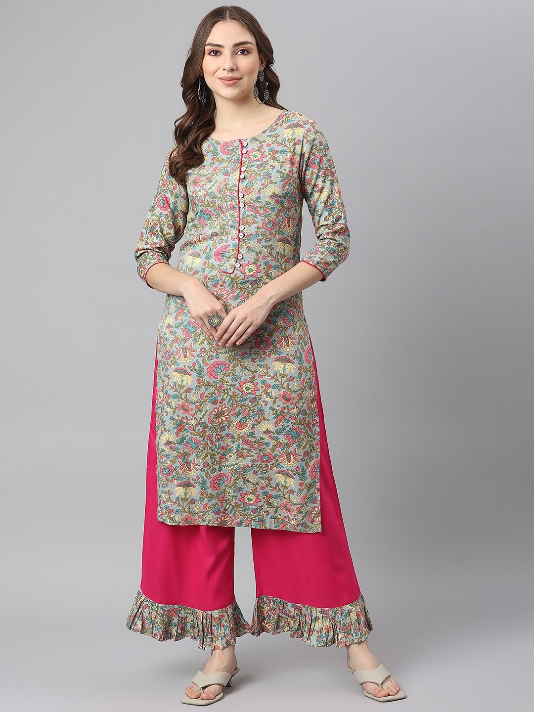 

KALINI Women Grey Floral Printed Kurta with Palazzos