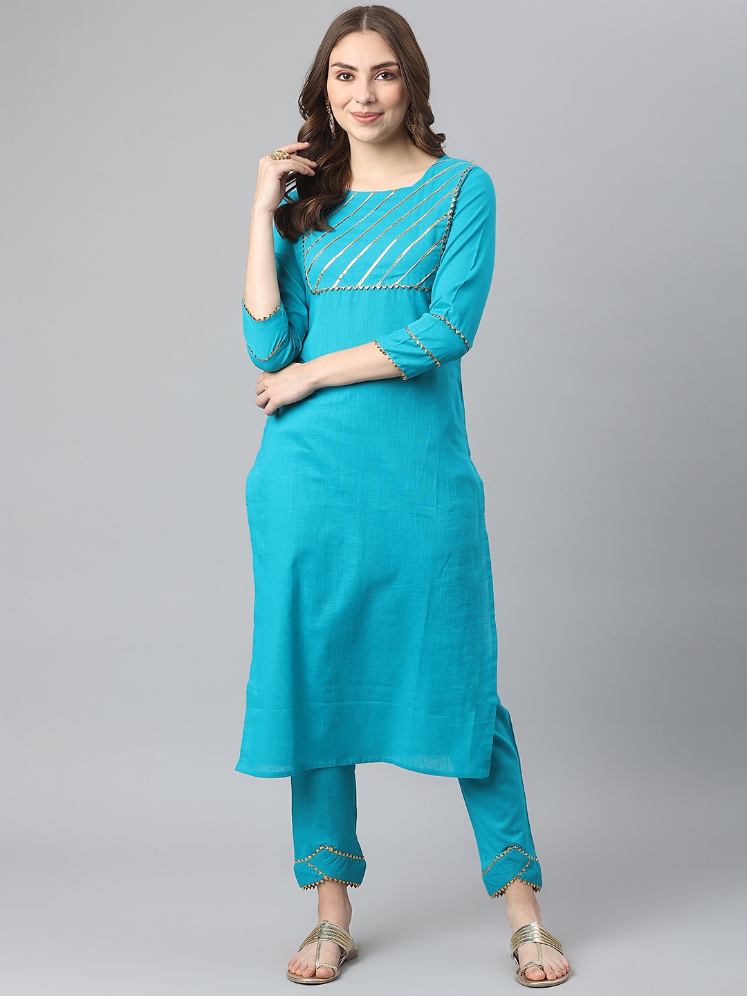 

KALINI Women Turquoise Blue Yoke Design Gotta Patti Kurta with Trousers