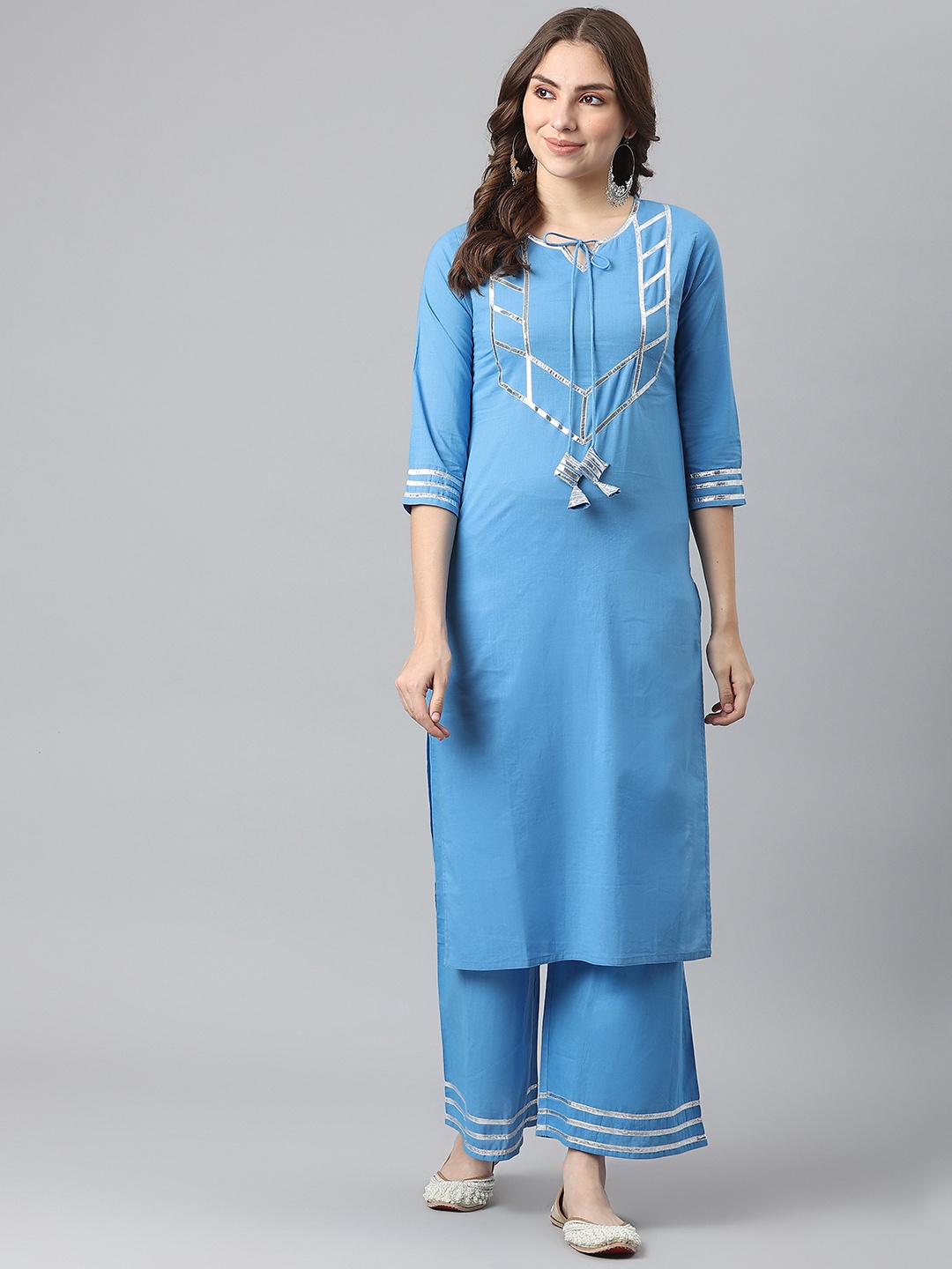 

KALINI Women Blue Yoke Design Gotta Patti Pure Cotton Kurta with Palazzos