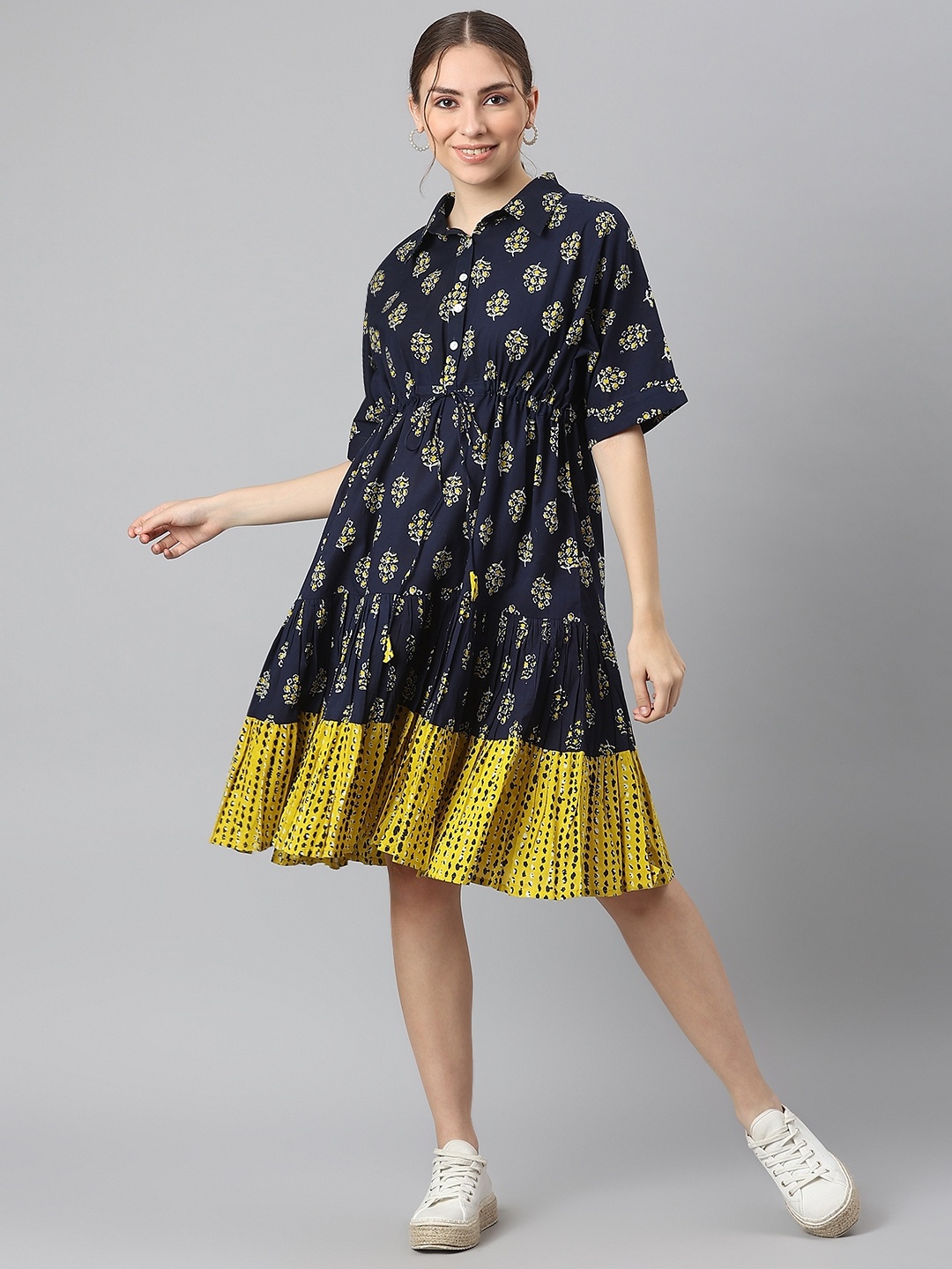 

KALINI Navy Blue & Yellow Ethnic Motifs Cotton A-Line Dress