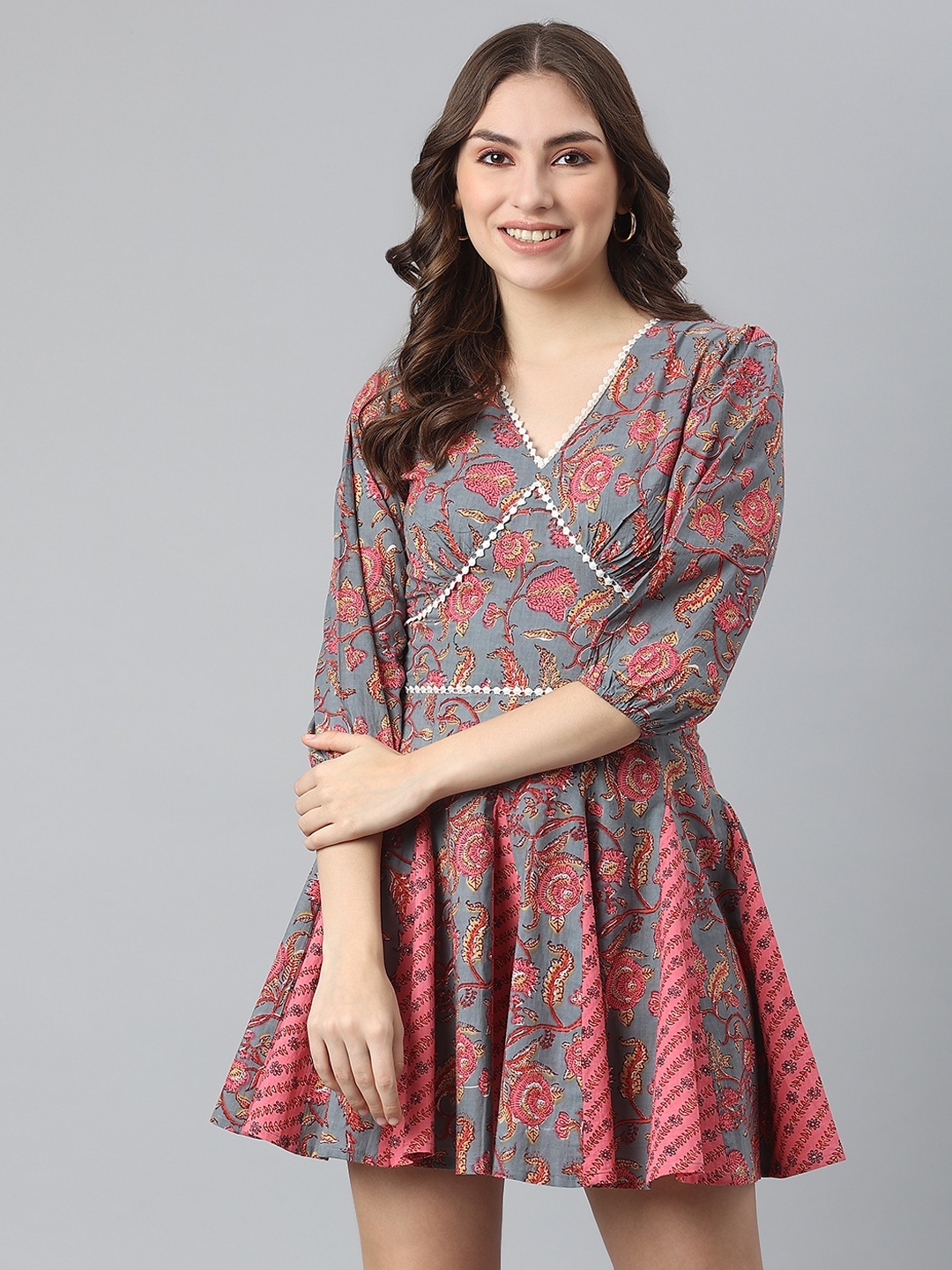 

KALINI Grey & Pink Floral Cotton Dress