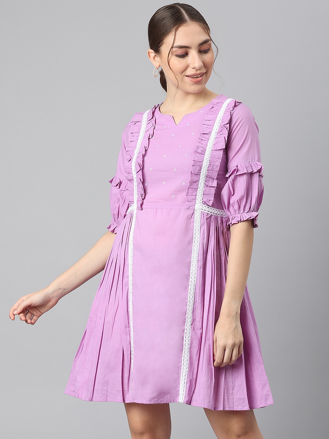 

KALINI Lavender & White Ethnic Motifs Embroidered Cotton Dress