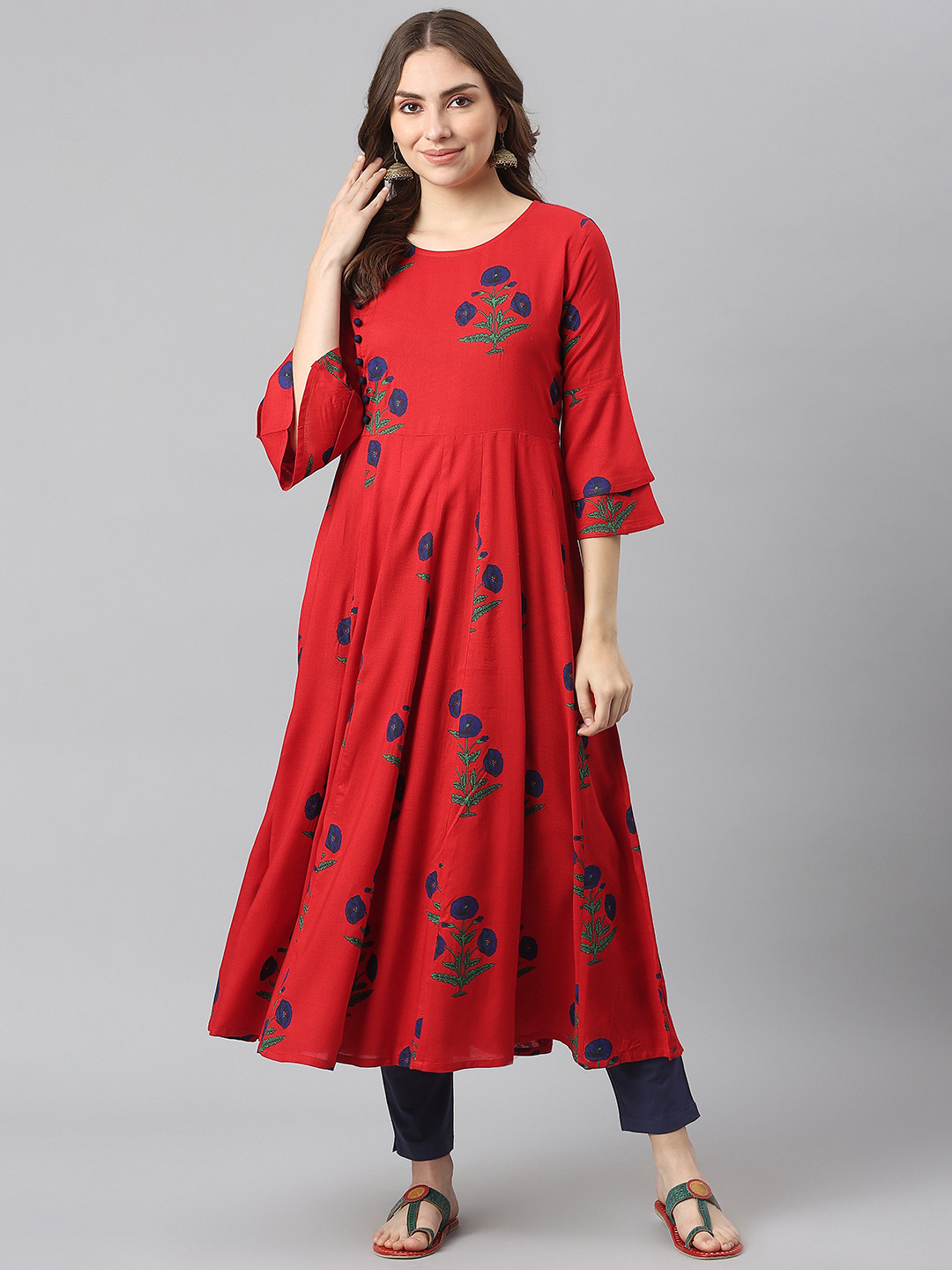 

KALINI Women Red & Navy Blue Floral Printed Floral Anarkali Kurta
