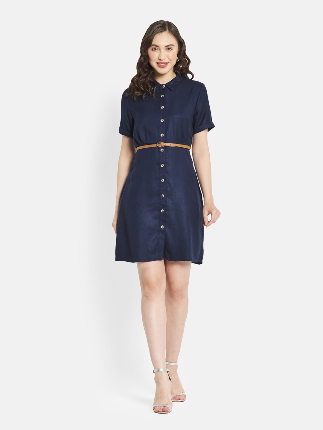 

METTLE Blue Solid Shirt Mini Dress