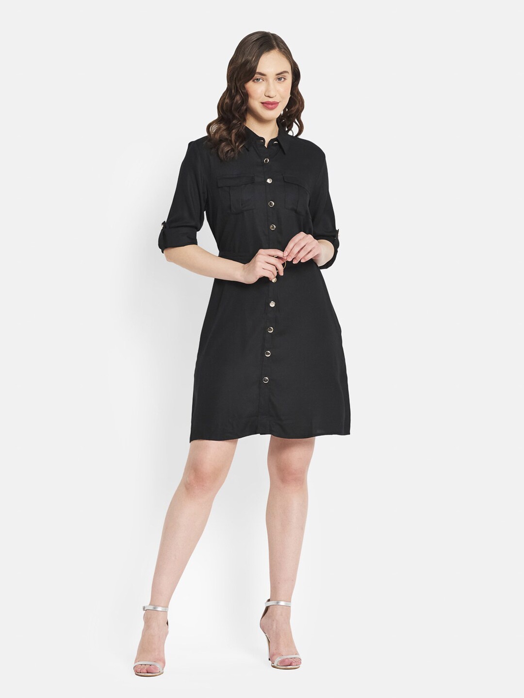 

METTLE Women Black Solid Cotton Shirt Dress