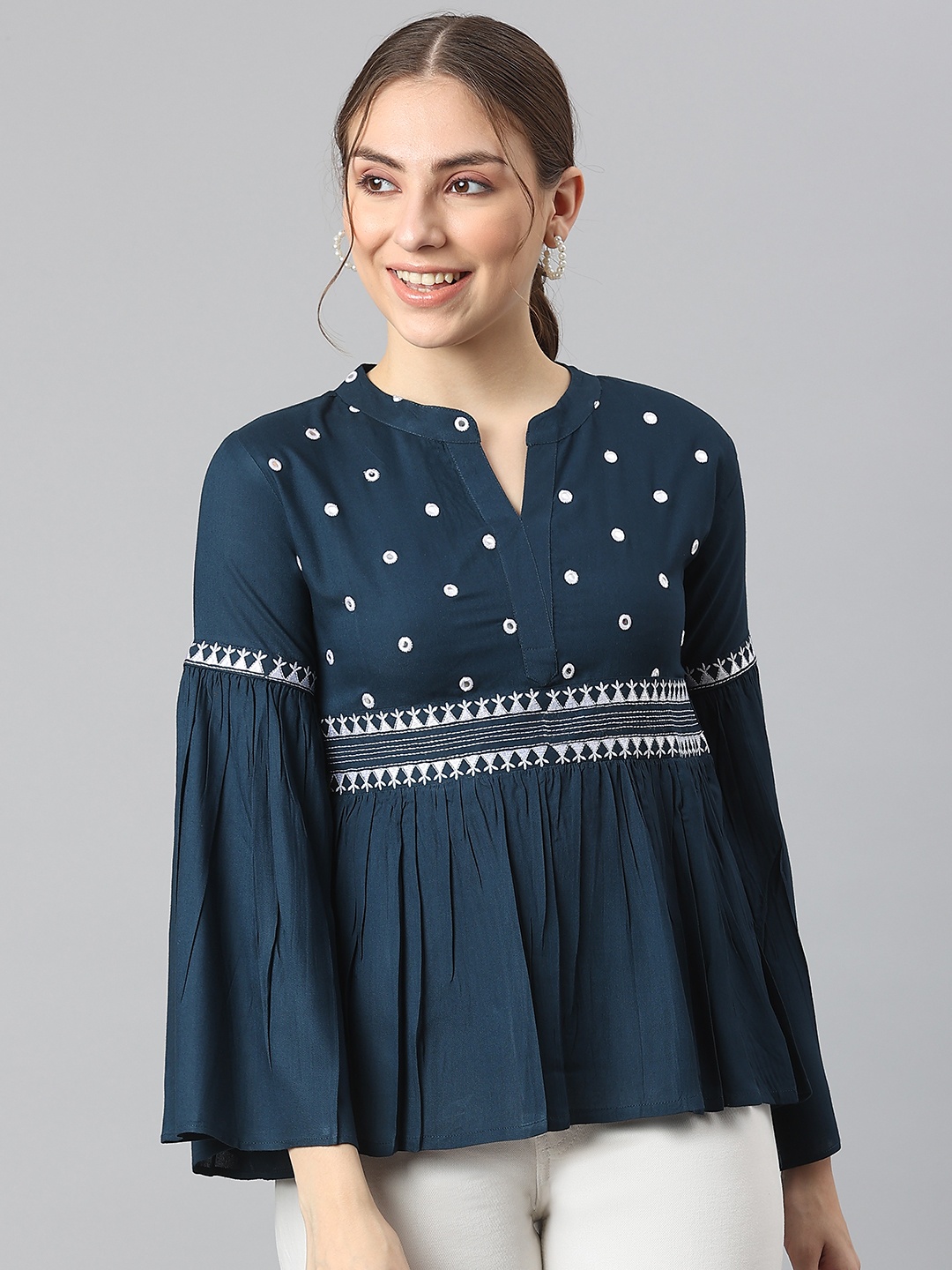 

KALINI Navy Blue Embellished Embroidered Mandarin Collar Indigo Empire Top