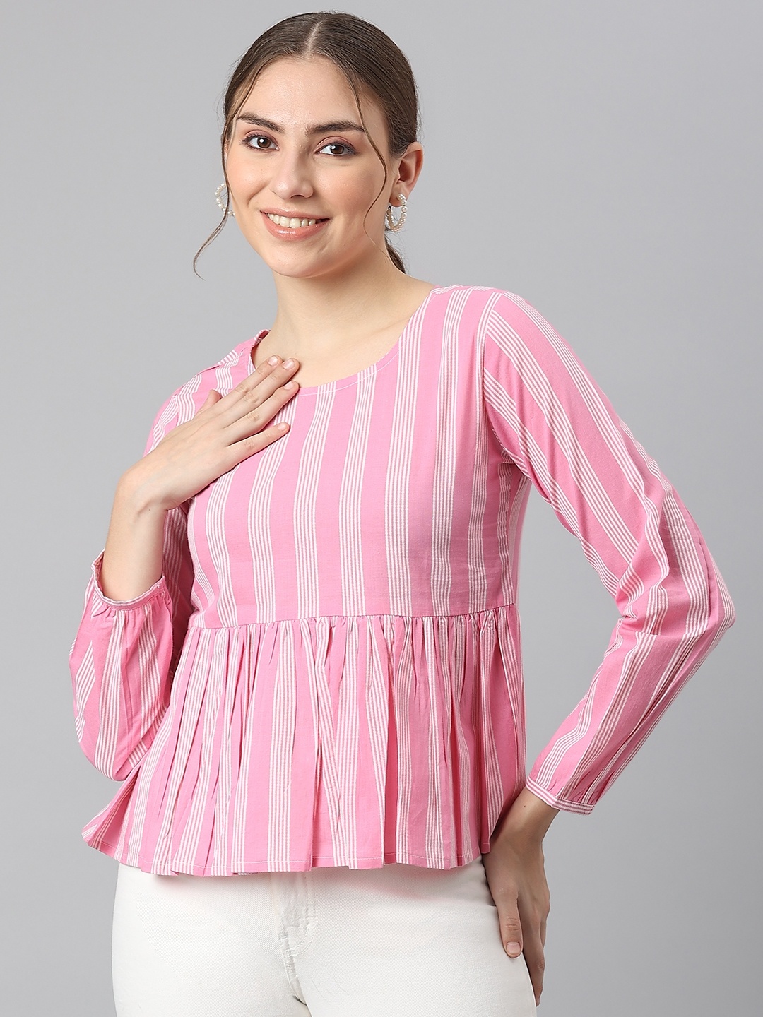

KALINI Pink & White Striped Peplum Top