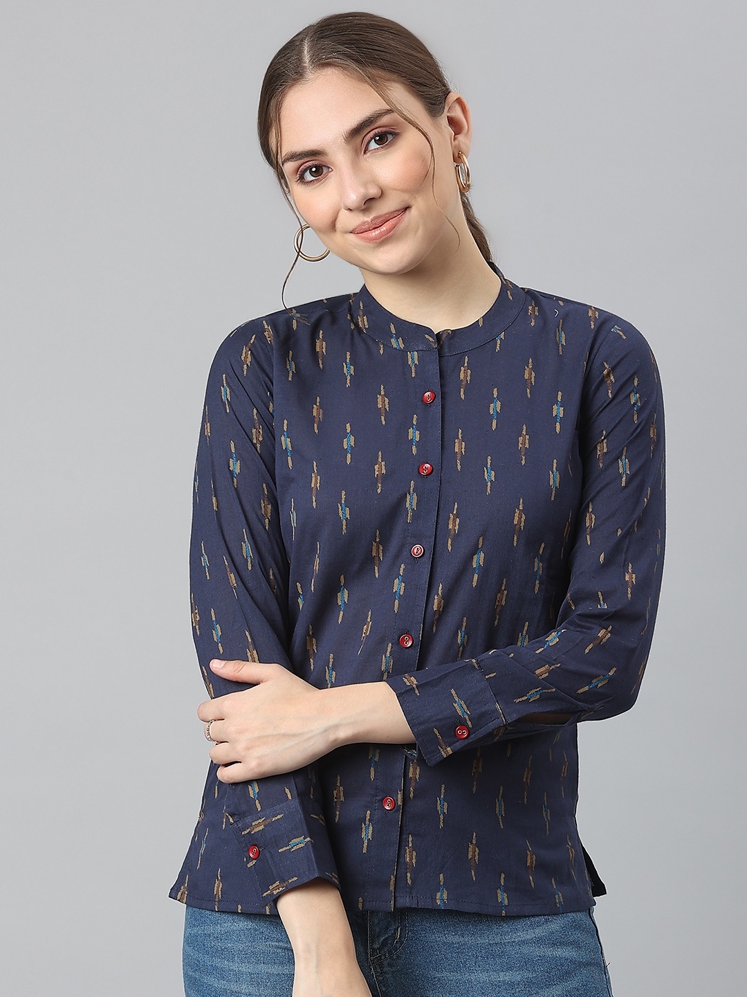 

KALINI Navy Blue Print Mandarin Collar Shirt Style Cotton Top
