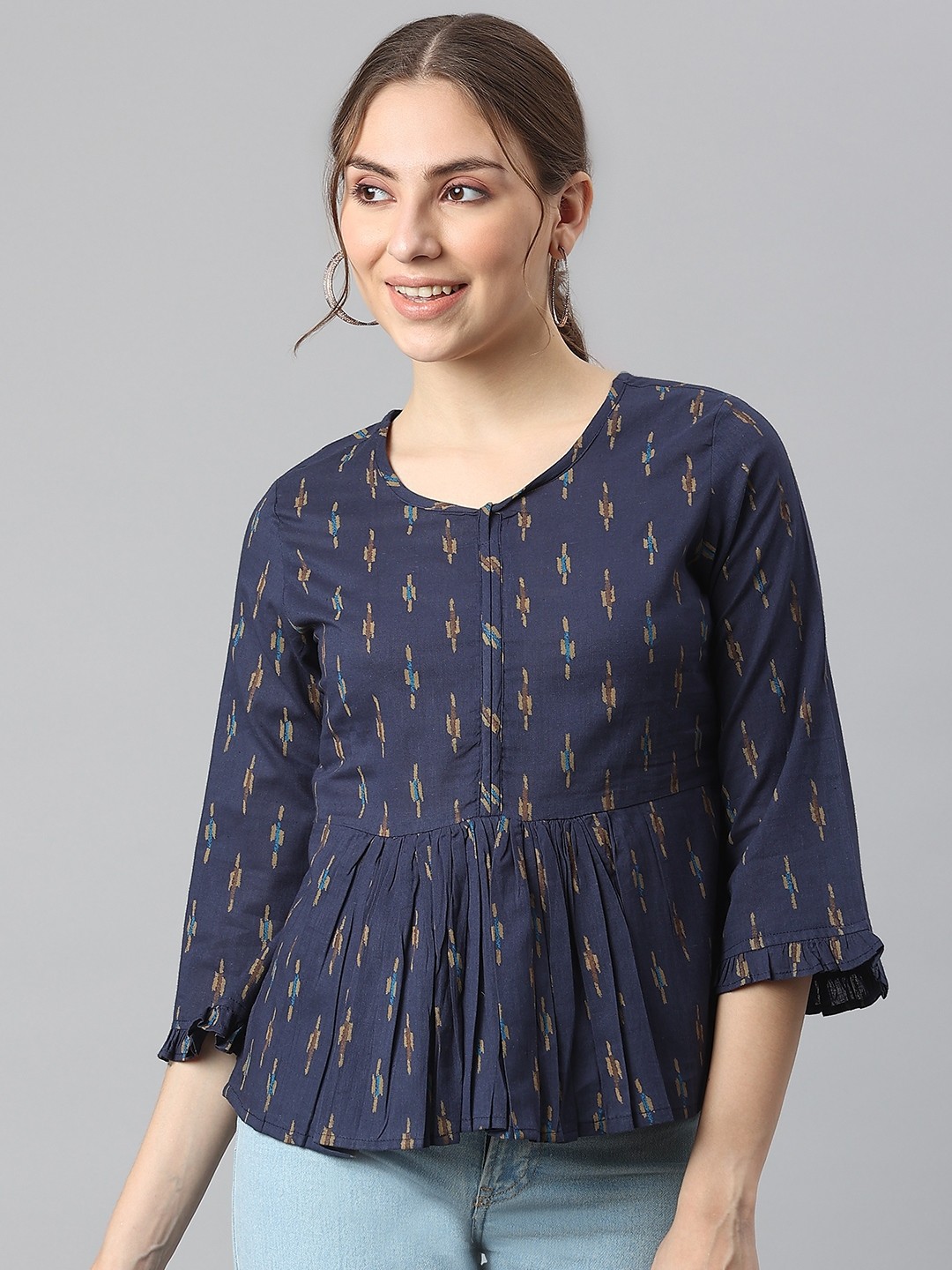 

KALINI Navy Blue Printed Cotton Peplum Top