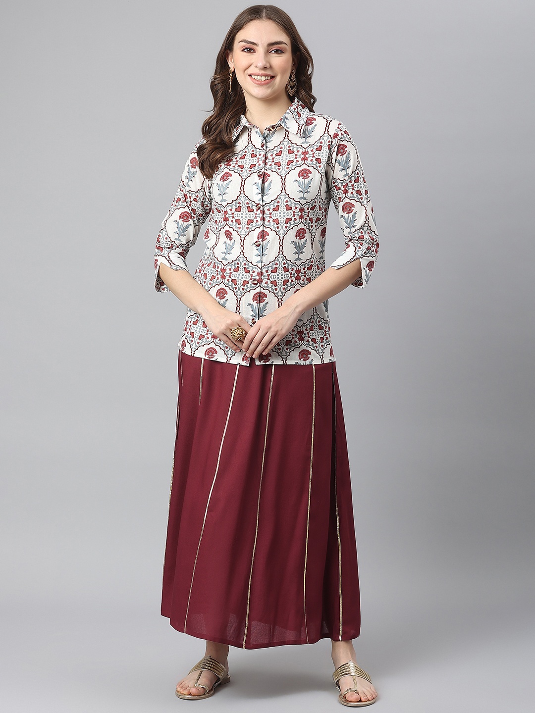 

KALINI Women Maroon & White Printed Shirt with Skirt