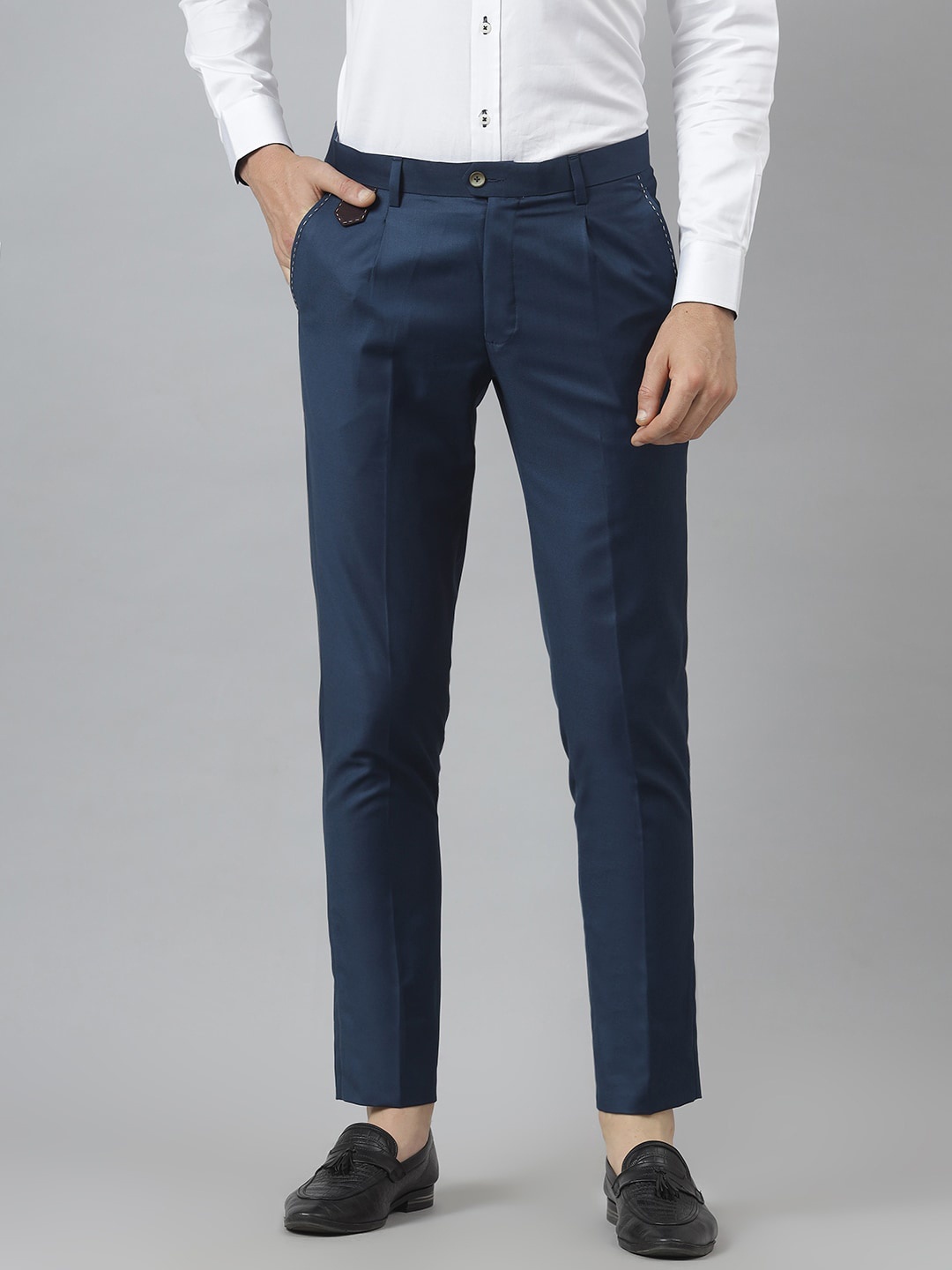 

MR BUTTON Men Blue Solid Slim Fit Trousers