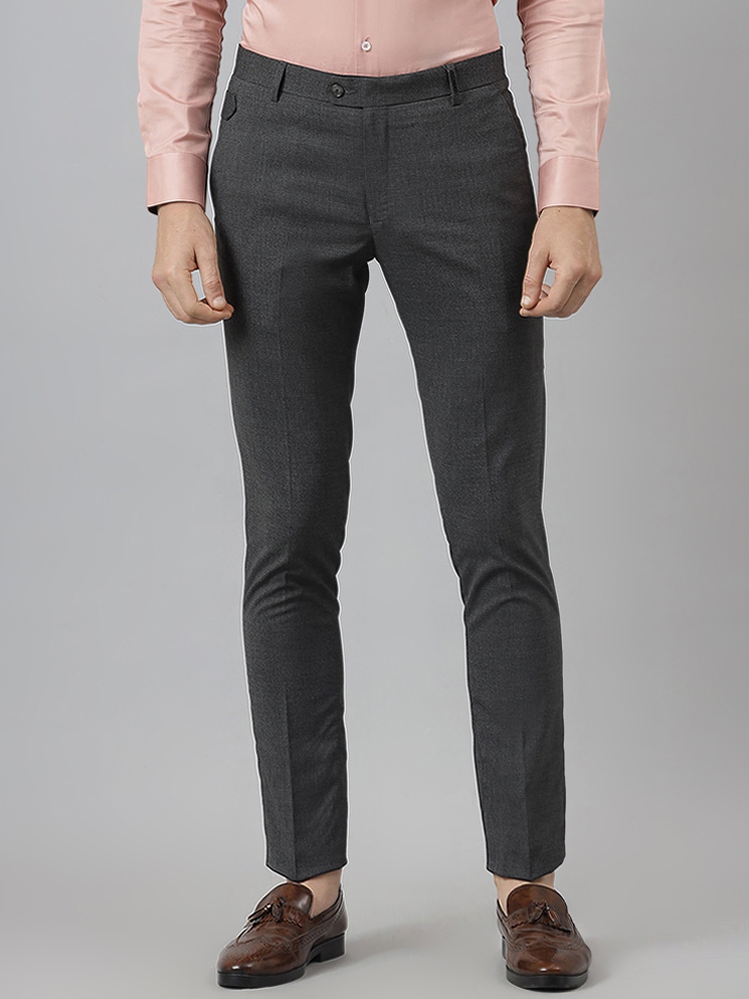 

MR BUTTON Men Grey Textured Slim Fit Formal Trousers