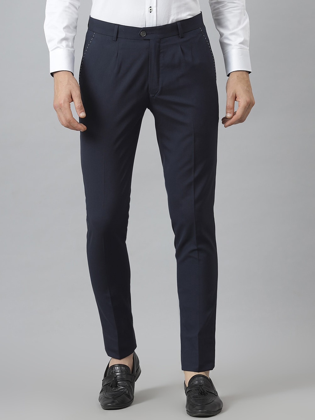 

MR BUTTON Men Blue Textured Slim Fit Pleated Trousers