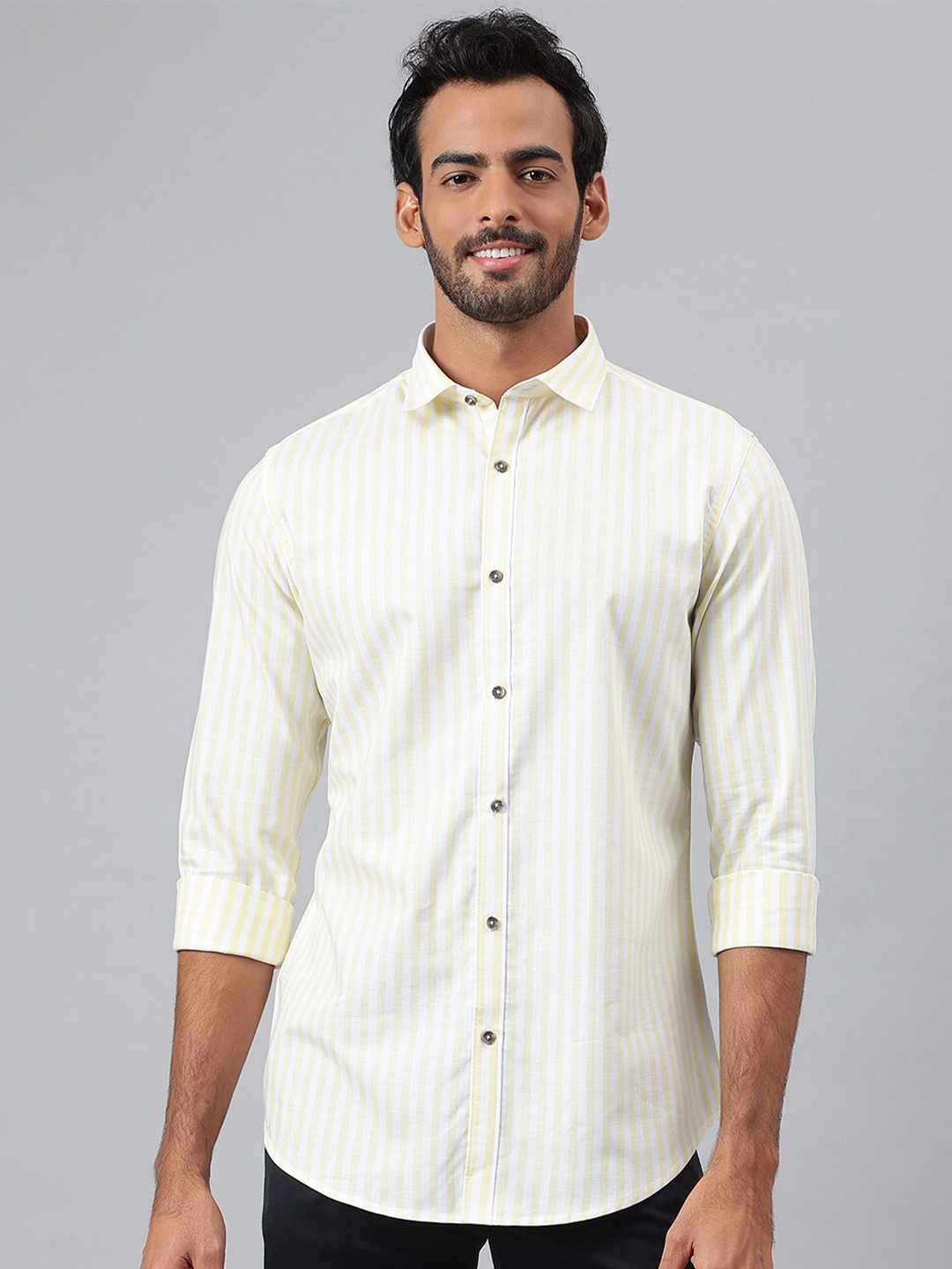 

MR BUTTON Men Yellow Smart Slim Fit Striped Cotton Casual Shirt