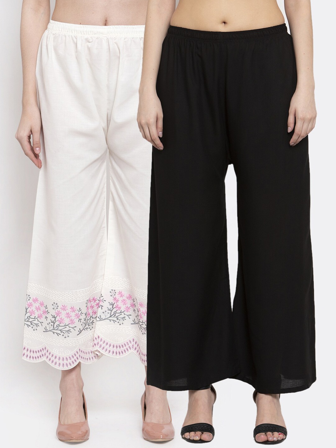 

Miaz Lifestyle Women Black & White Set of 2 Floral Printed Knitted Palazzos