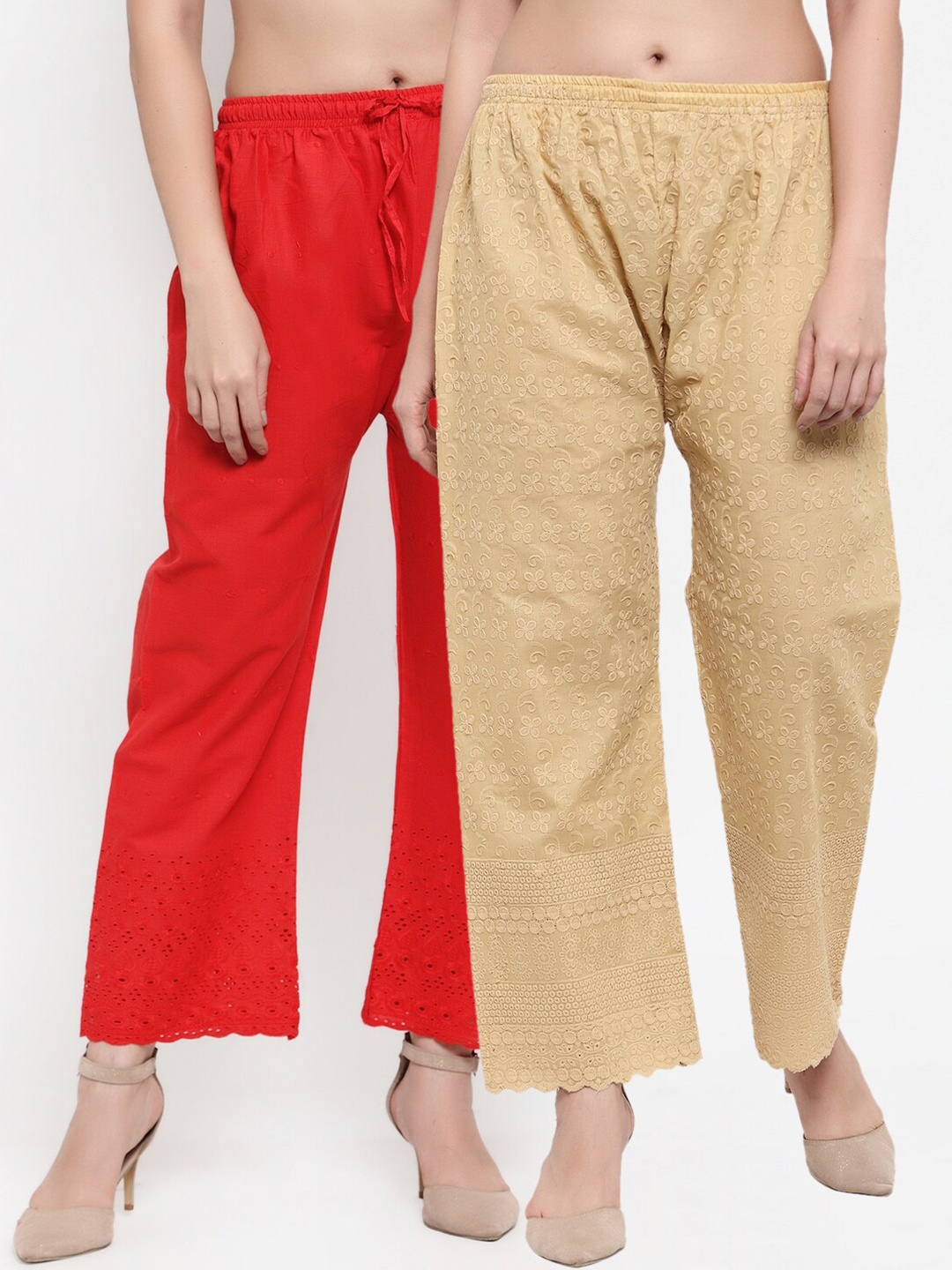 

Miaz Lifestyle Women Beige & Red Set of 2 Ethnic Motifs Embroidered Knitted Palazzos