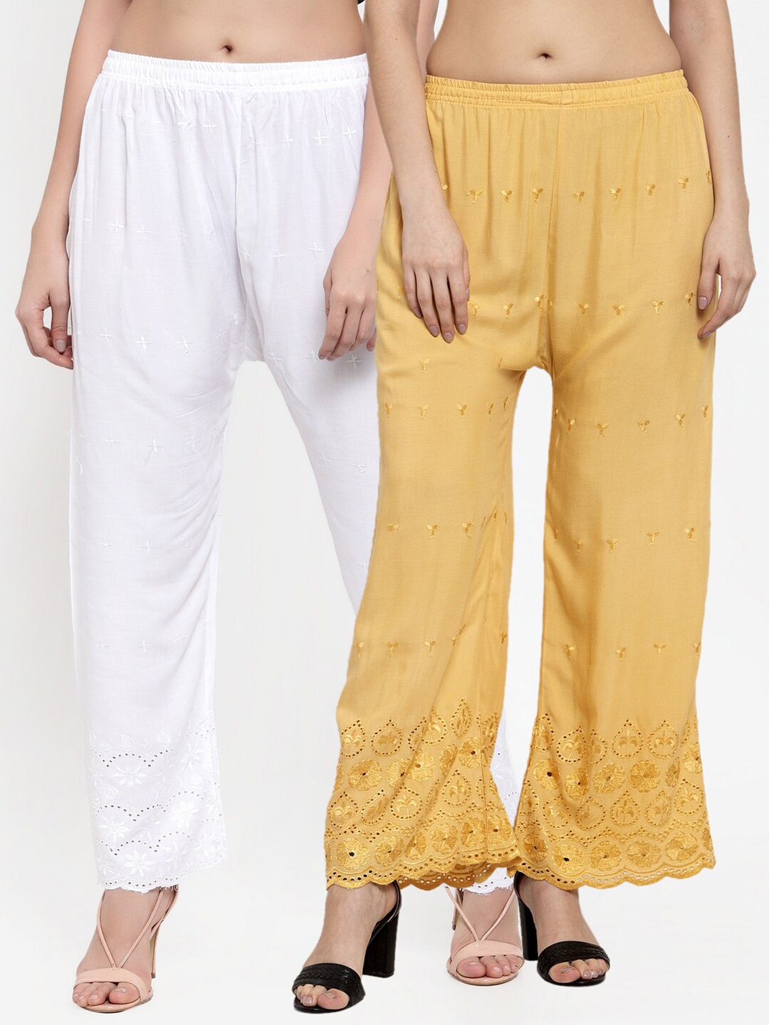 

Miaz Lifestyle Women White & Beige Set of 2 Floral Embroidered Knitted Palazzos